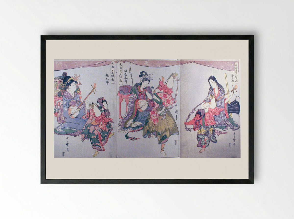 Kintaro, Urashimataro, and Momotaro - Kitagawa Utamaro - Framed Print Black