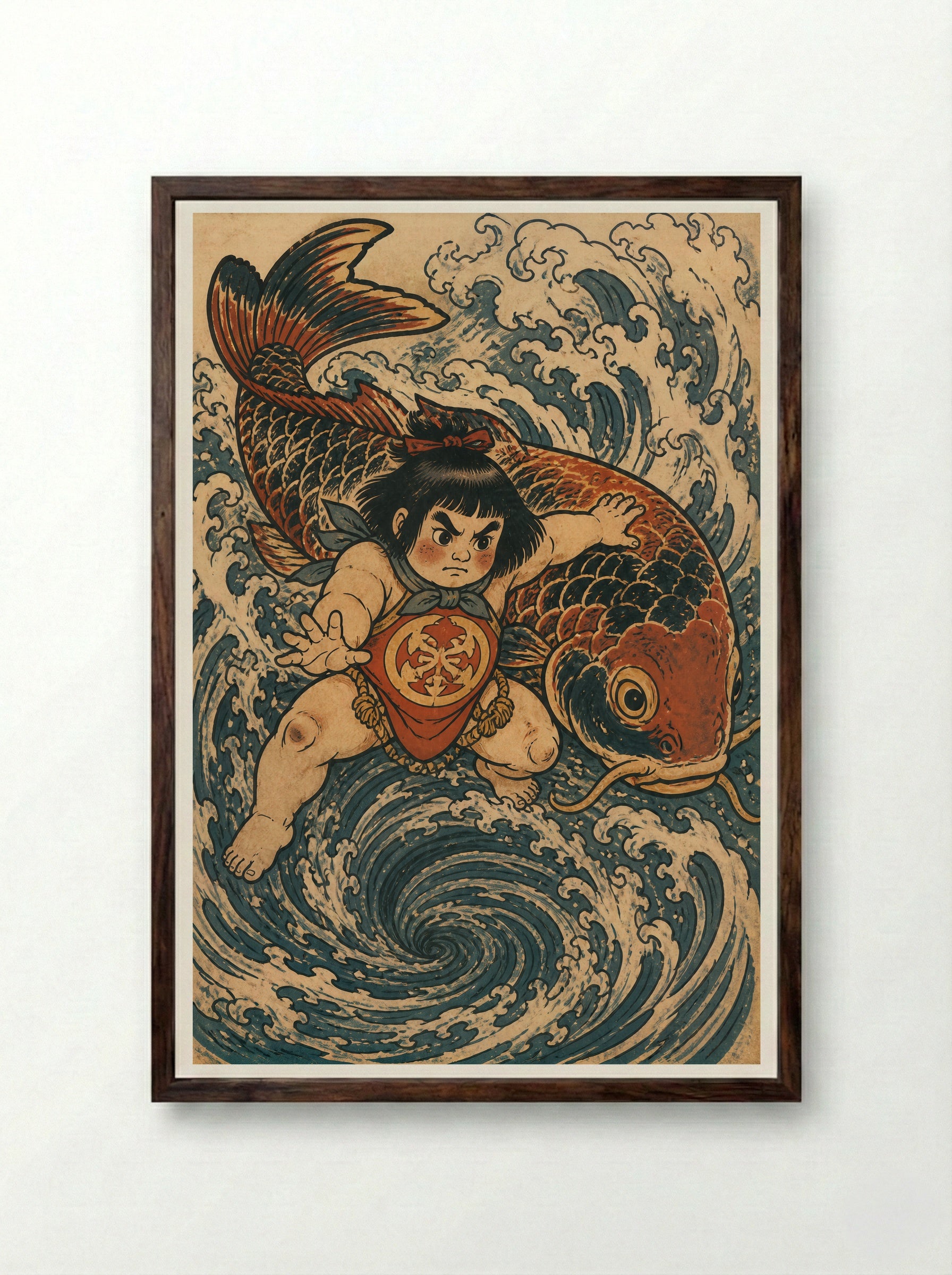 Kintaro and the Giant Carp: Returning to the Current - Framed Print Dark Wood