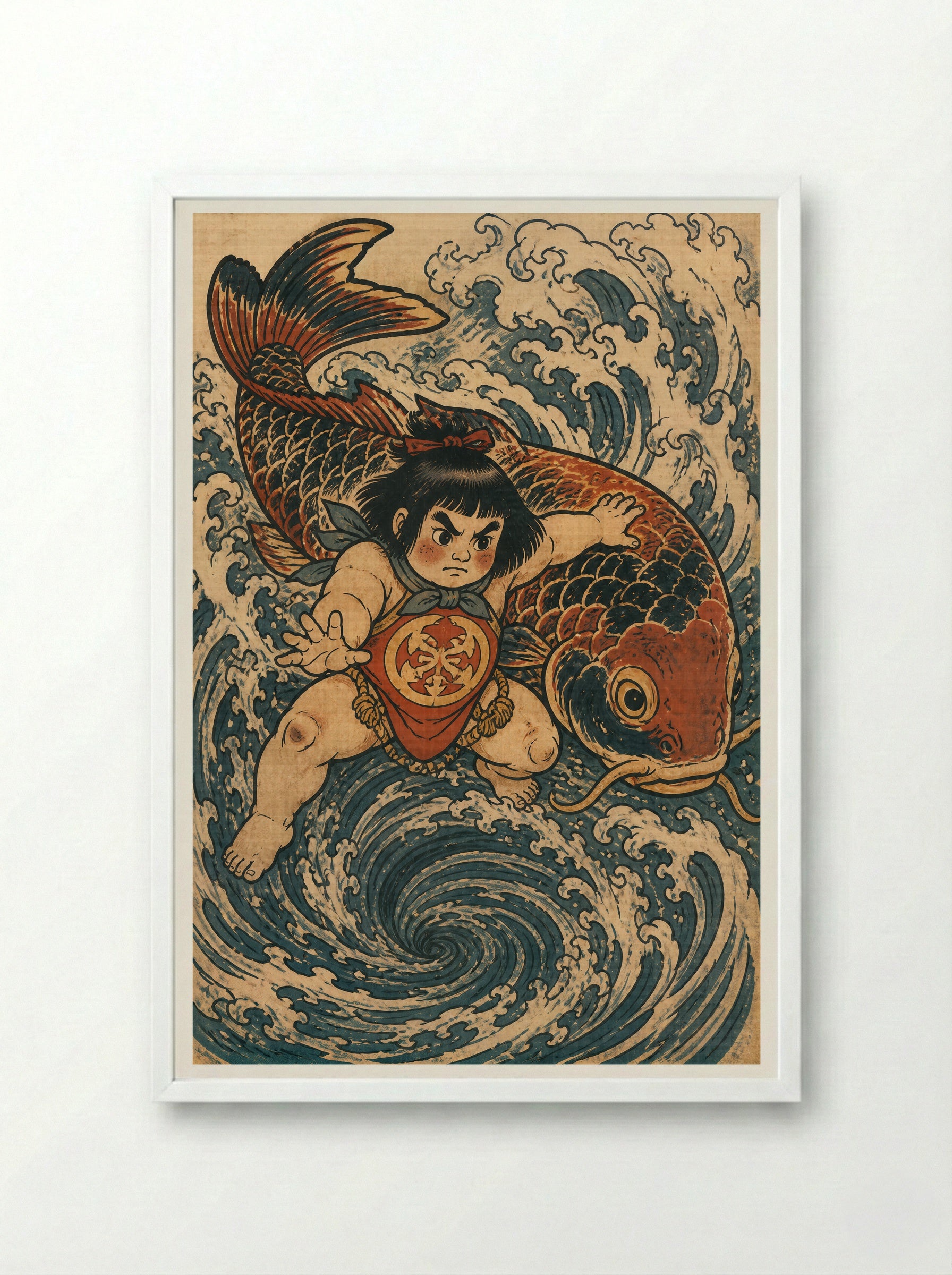 Kintaro and the Giant Carp: Returning to the Current - Framed Print White