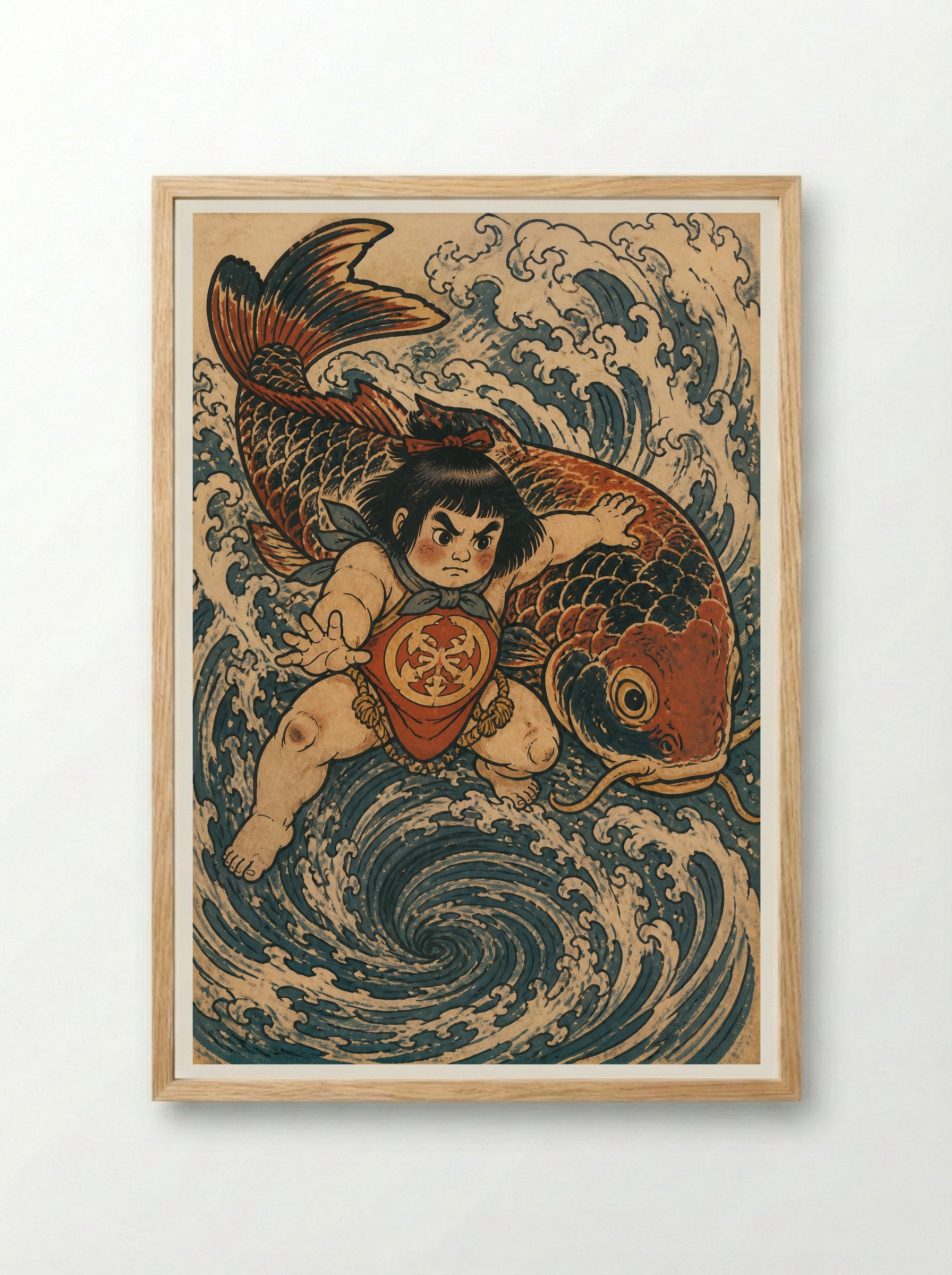 Kintaro and the Giant Carp: Returning to the Current - Framed Print Wood