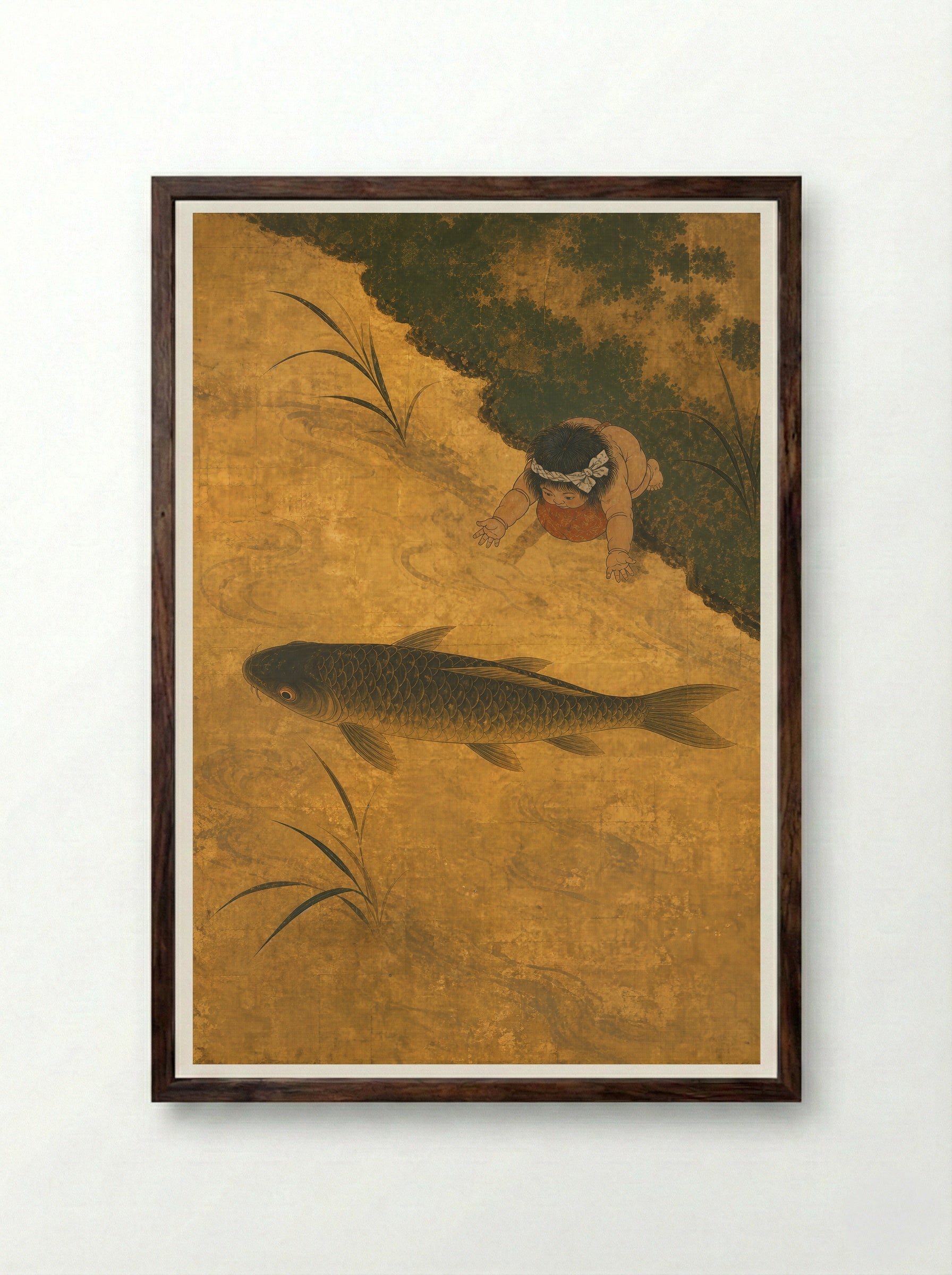 Kintaro and the Giant Carp: Strength Held in Balance - Framed Print Dark Wood