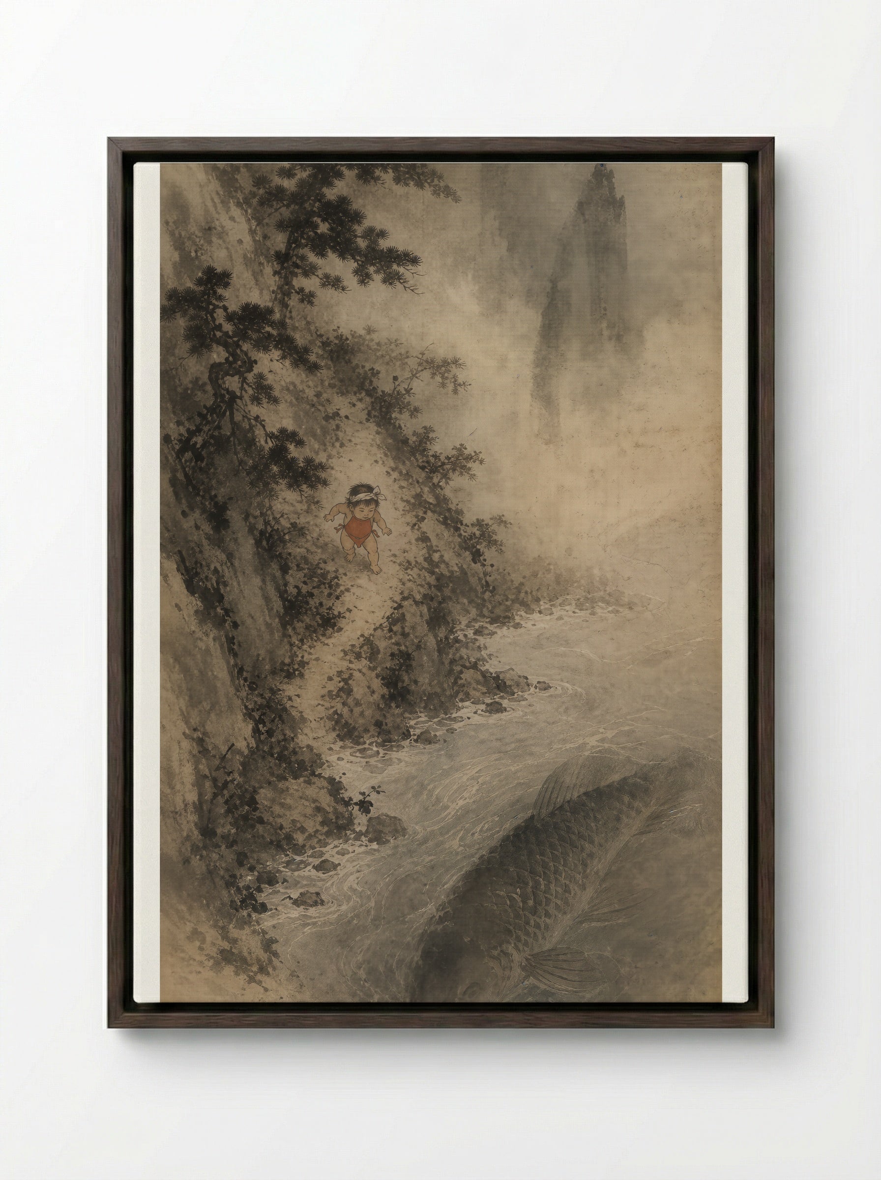 Kintaro and the Giant Carp: The Mountain Stream - Framed Canvas Dark Wood
