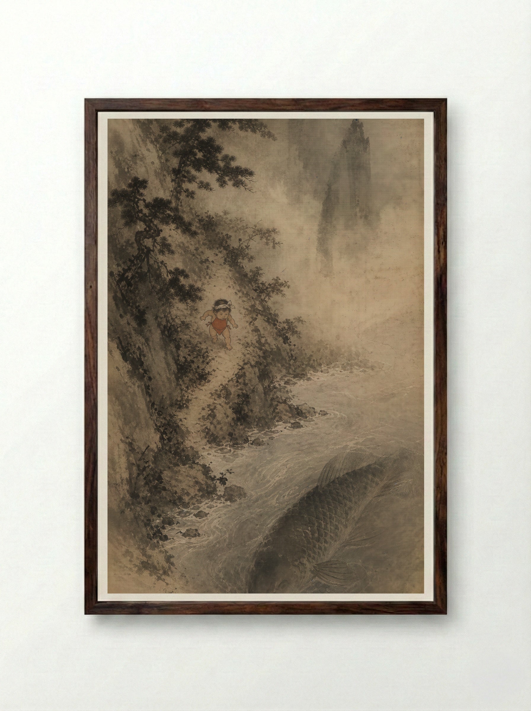 Kintaro and the Giant Carp: The Mountain Stream - Framed Print Dark Wood