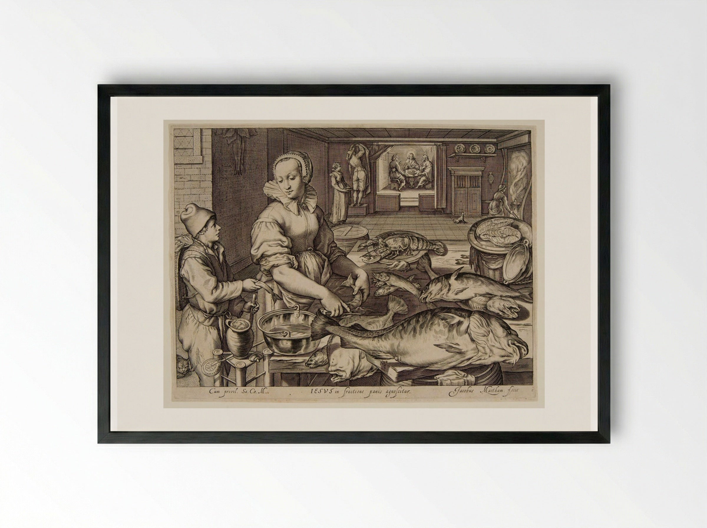 Kitchen Scene with Fish and Seafood, a View of the Supper at Emmaus in the Background - Jacob Matham - Framed Print Black