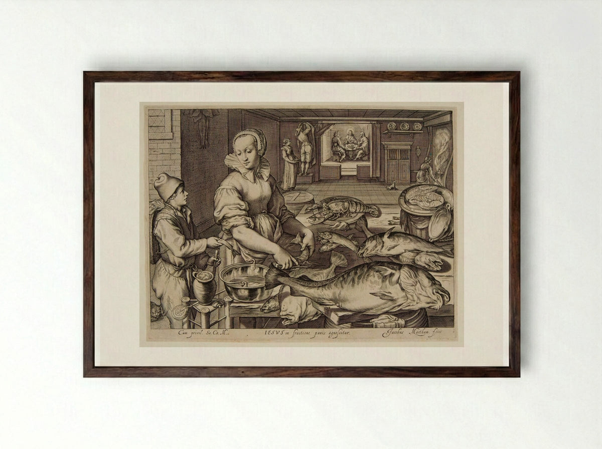 Kitchen Scene with Fish and Seafood, a View of the Supper at Emmaus in the Background - Jacob Matham - Framed Print Dark Wood