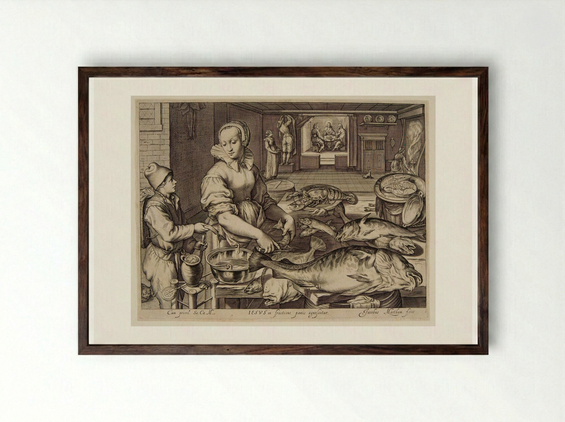 Kitchen Scene with Fish and Seafood, a View of the Supper at Emmaus in the Background - Jacob Matham - Framed Print Dark Wood
