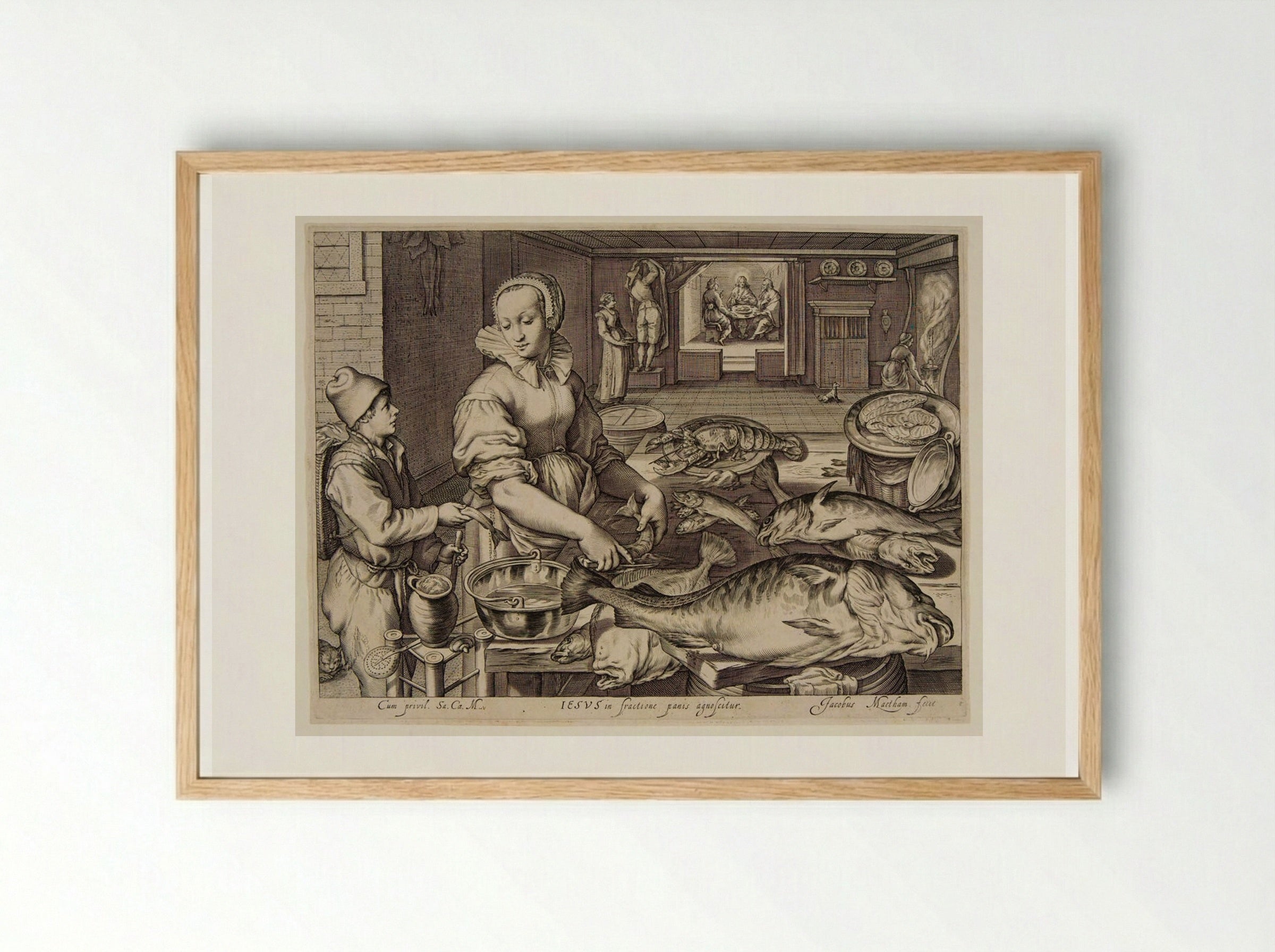 Kitchen Scene with Fish and Seafood, a View of the Supper at Emmaus in the Background - Jacob Matham - Framed Print Wood
