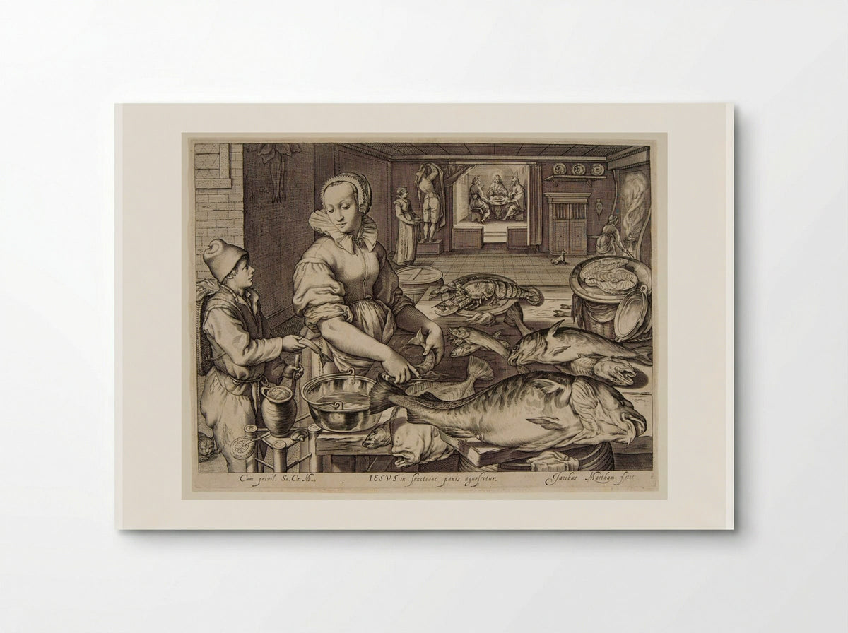 Kitchen Scene with Fish and Seafood, a View of the Supper at Emmaus in the Background - Jacob Matham - Poster