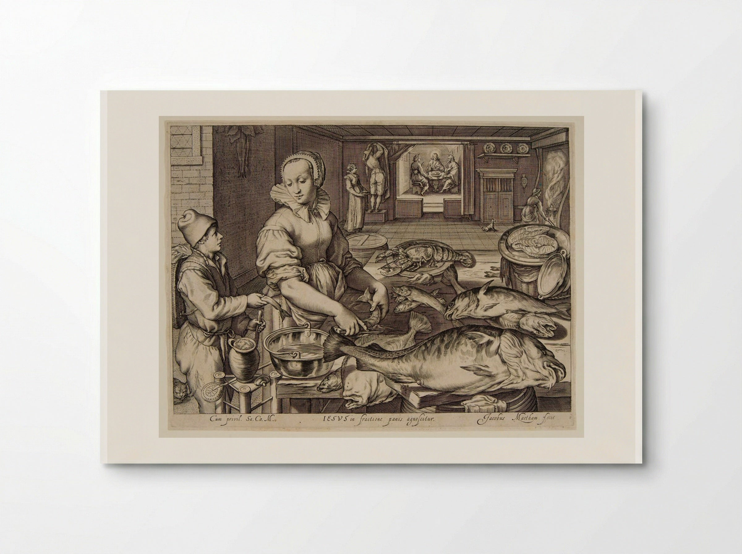 Kitchen Scene with Fish and Seafood, a View of the Supper at Emmaus in the Background - Jacob Matham - Poster