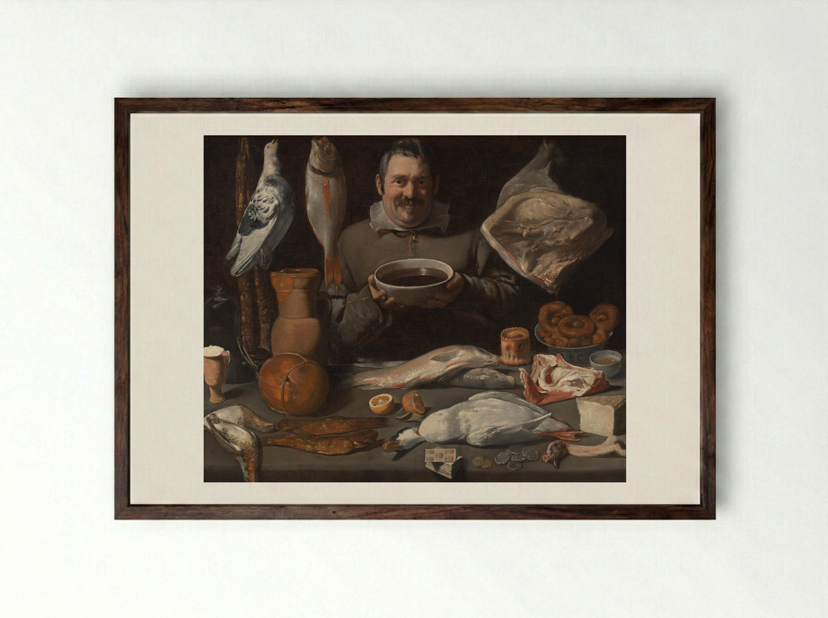 Kitchen Scene - Meester van de Amsterdamse Bodegón - Framed Print Dark Wood