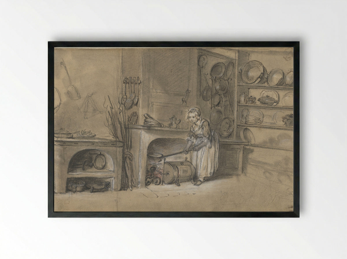 Kitchen with a Girl Baking Pancakes - Louis Aubert - Framed Print Black