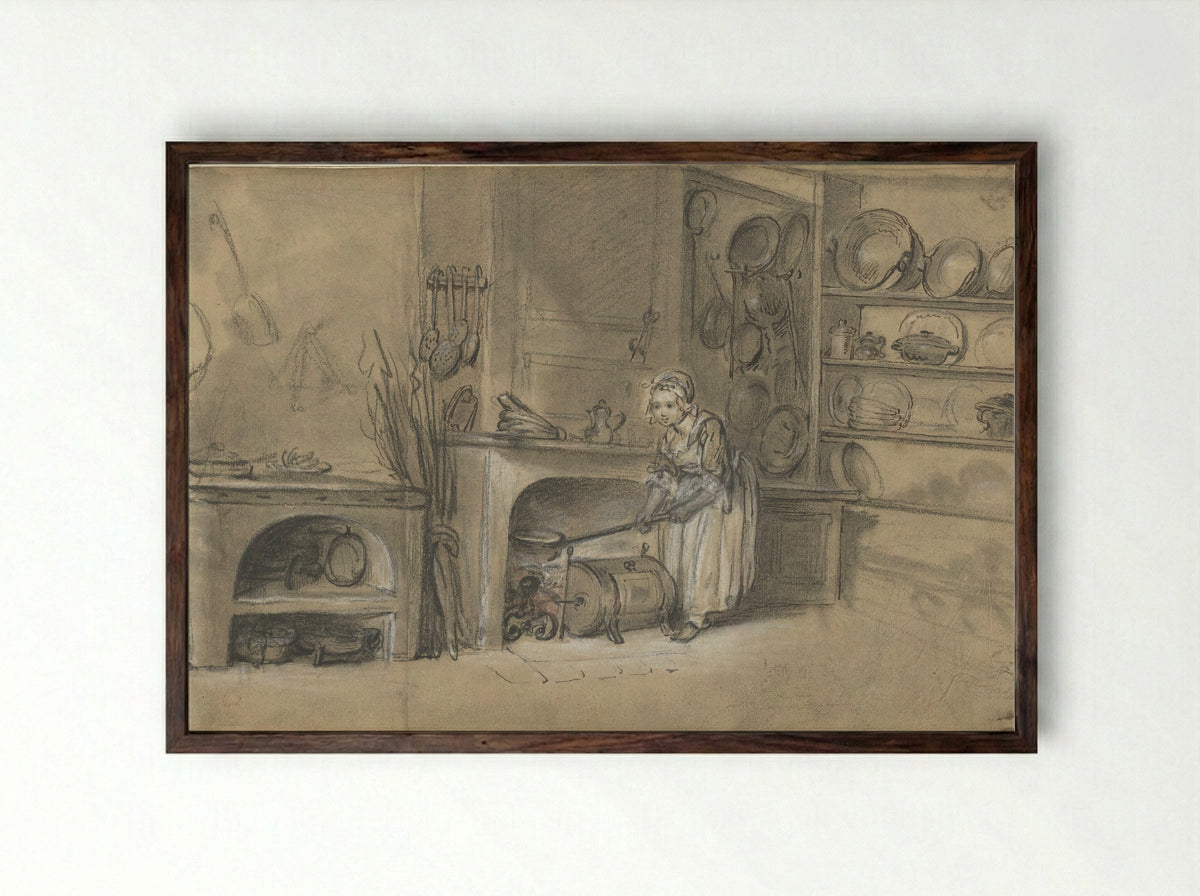 Kitchen with a Girl Baking Pancakes - Louis Aubert - Framed Print Dark Wood