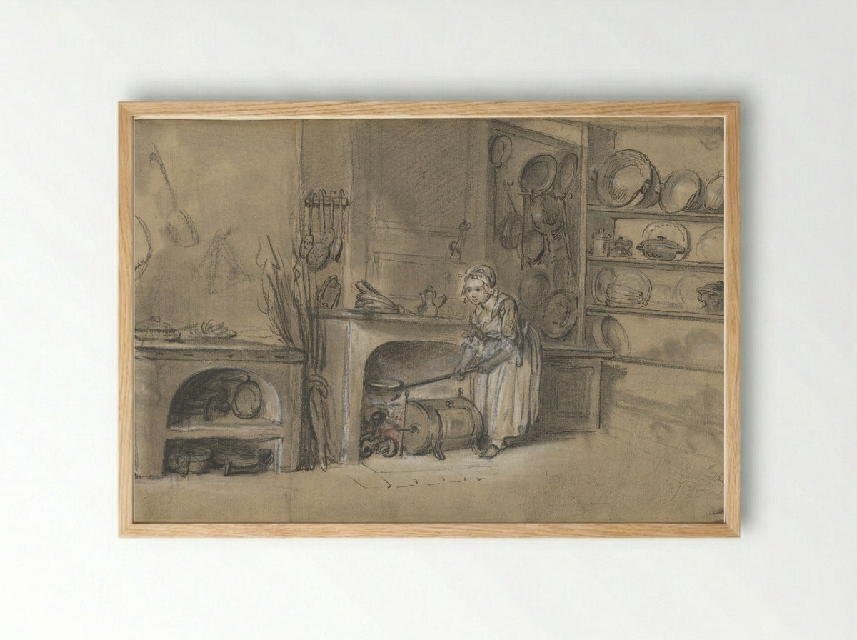 Kitchen with a Girl Baking Pancakes - Louis Aubert - Framed Print Wood