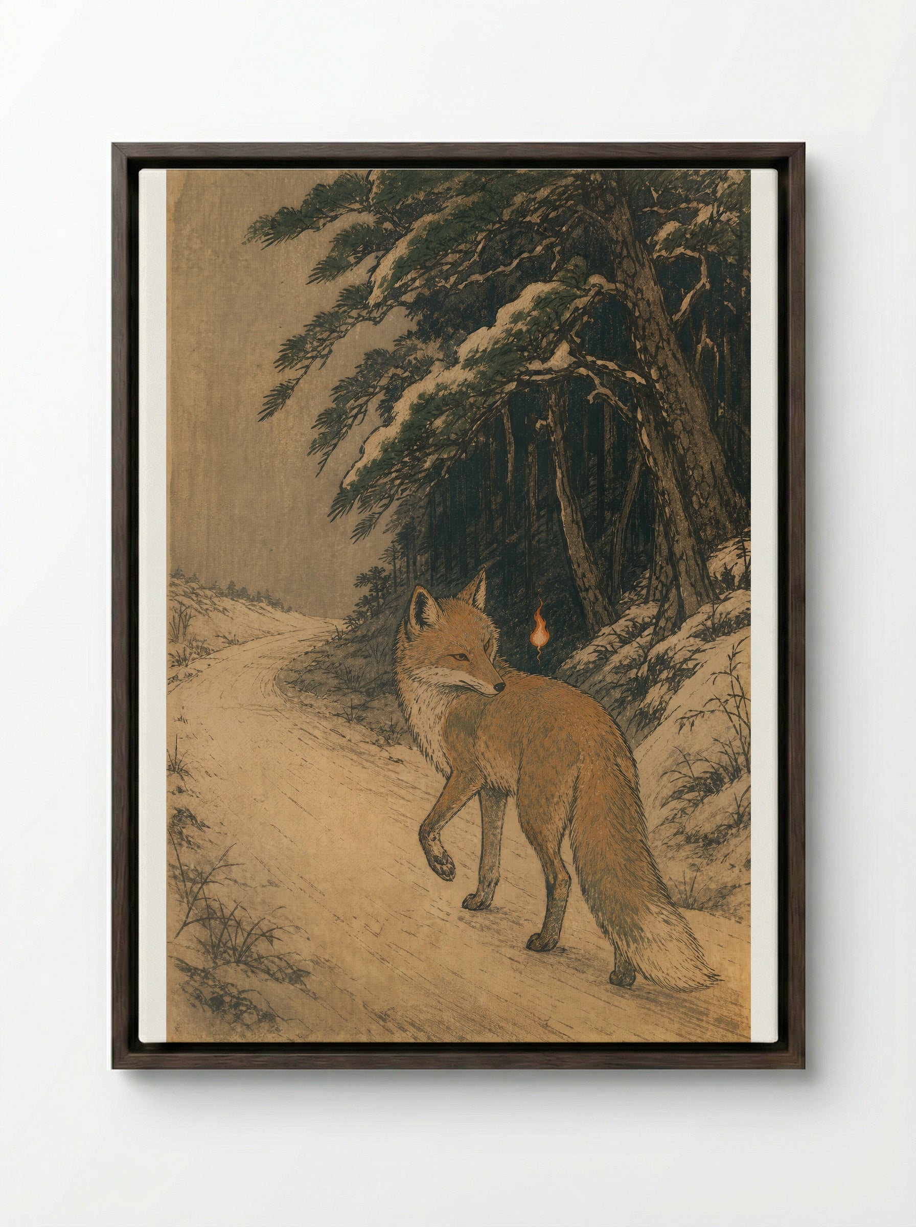 Kitsune and Foxfire at Oji: At the Edge of the Road - Framed Canvas Dark Wood