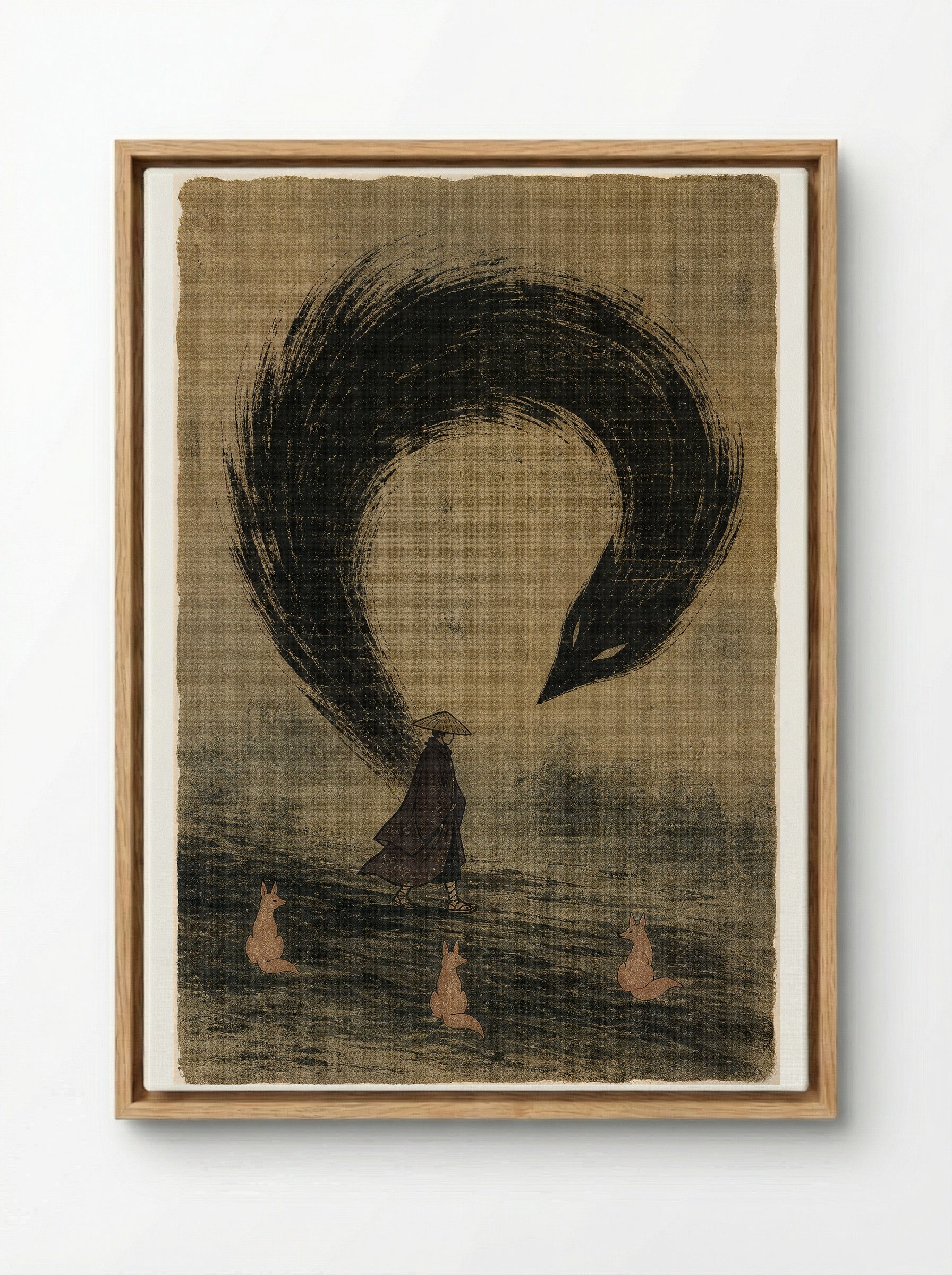Kitsune and Foxfire at Oji: The Human Shadow Breaks - Framed Canvas Wood