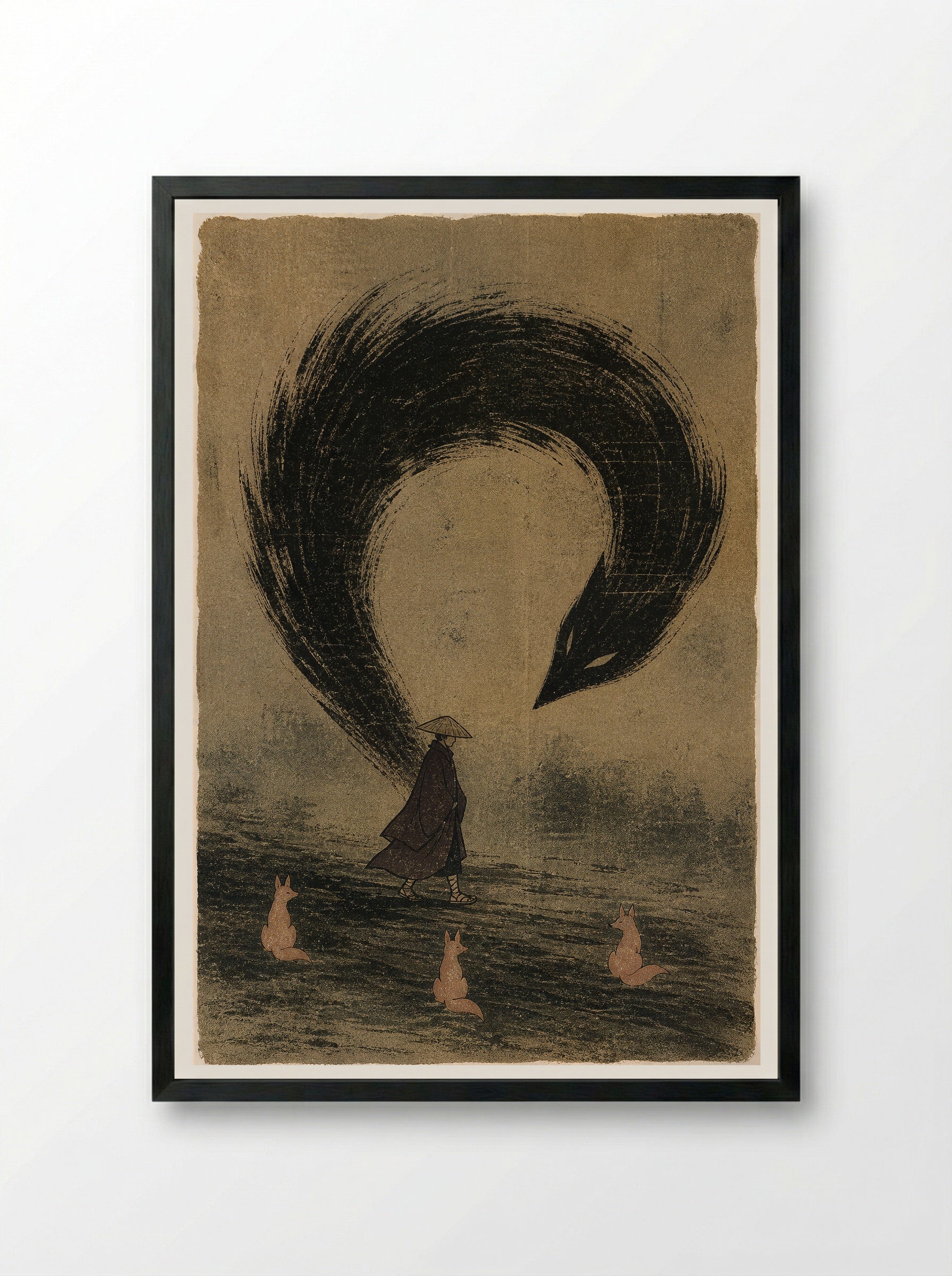 Kitsune and Foxfire at Oji: The Human Shadow Breaks - Framed Print Black