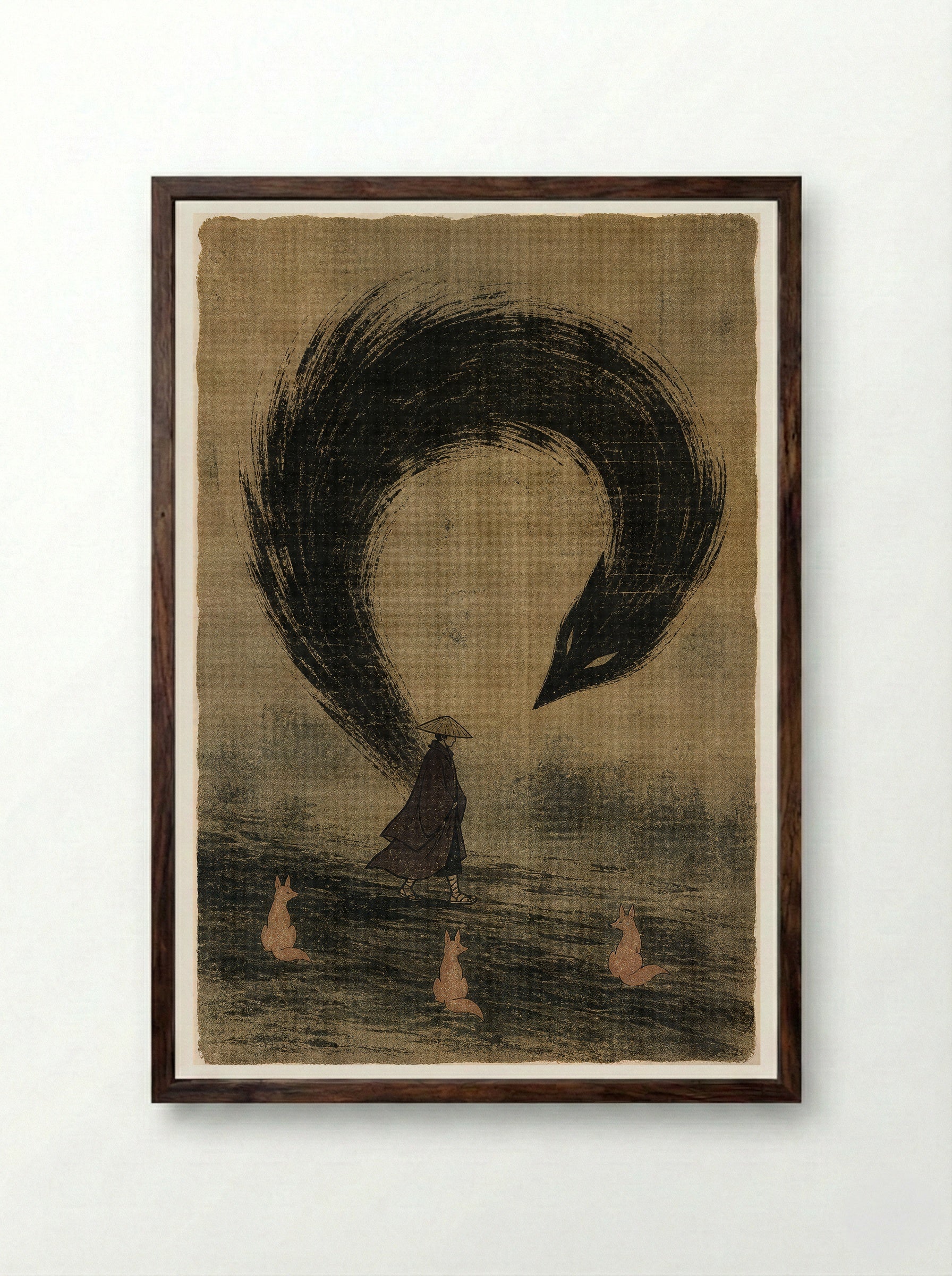 Kitsune and Foxfire at Oji: The Human Shadow Breaks - Framed Print Dark Wood
