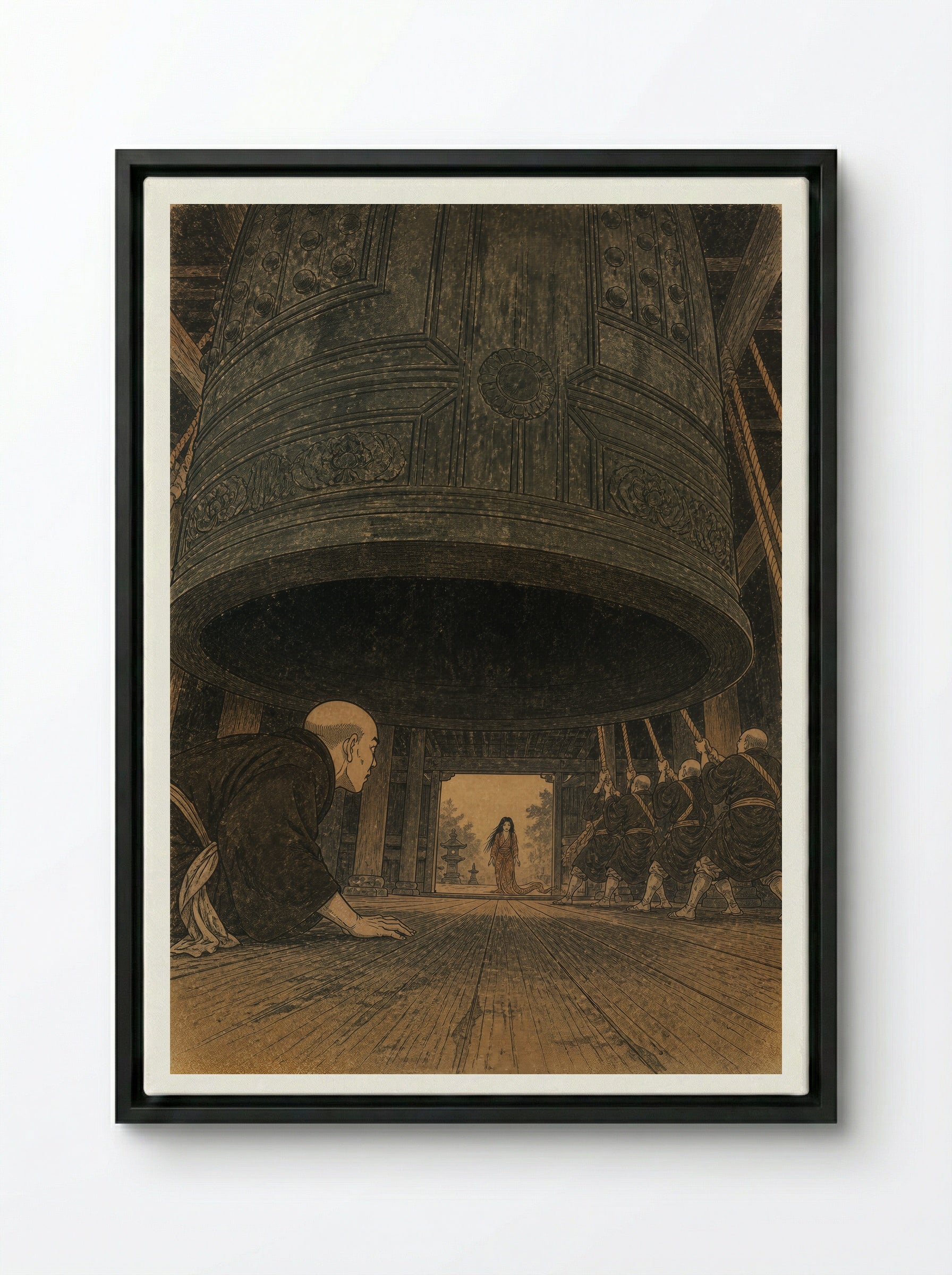Kiyohime and the Bell of Dojoji: Anchin hides beneath the bell - Framed Canvas Black