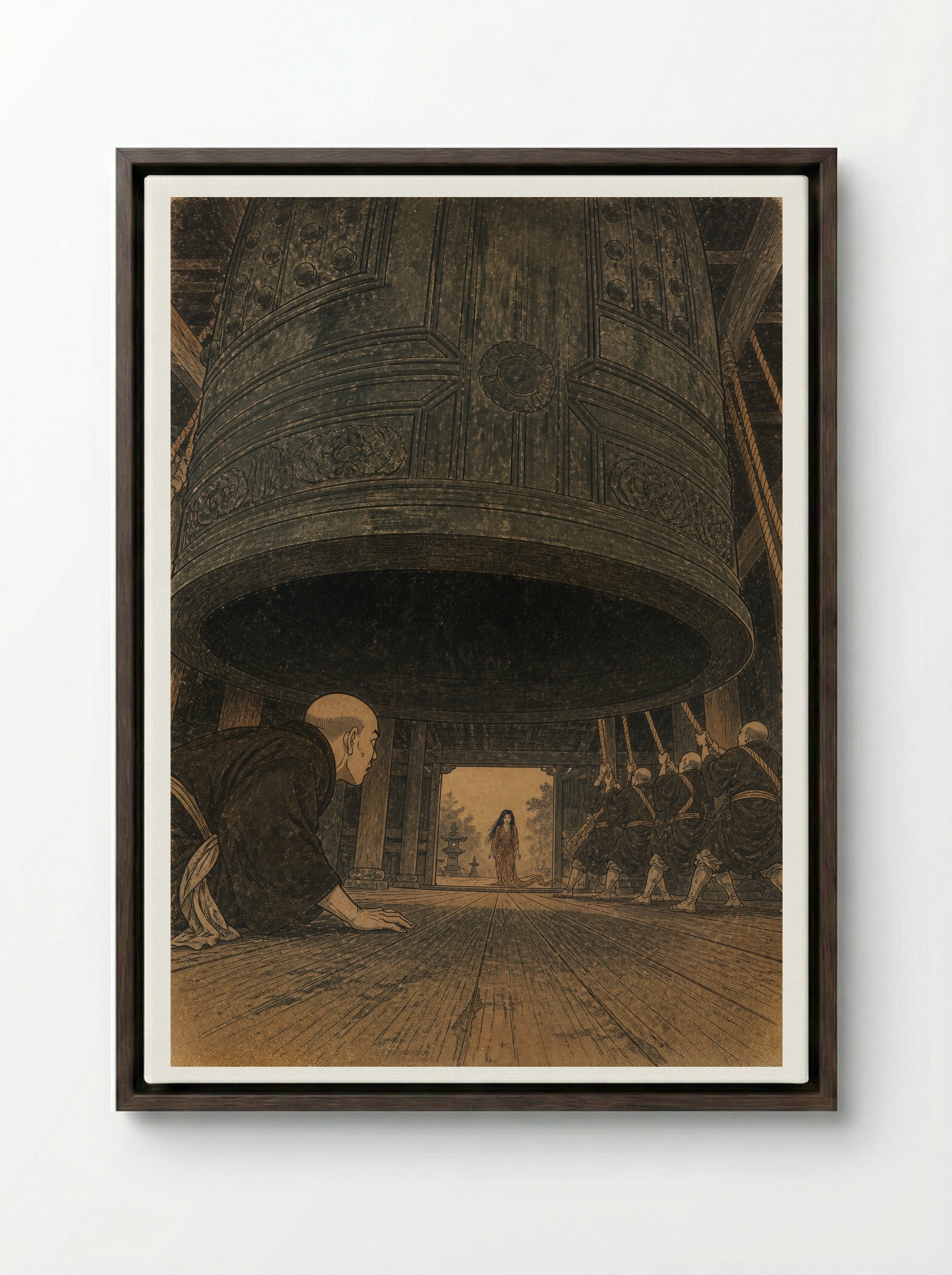 Kiyohime and the Bell of Dojoji: Anchin hides beneath the bell - Framed Canvas Dark Wood