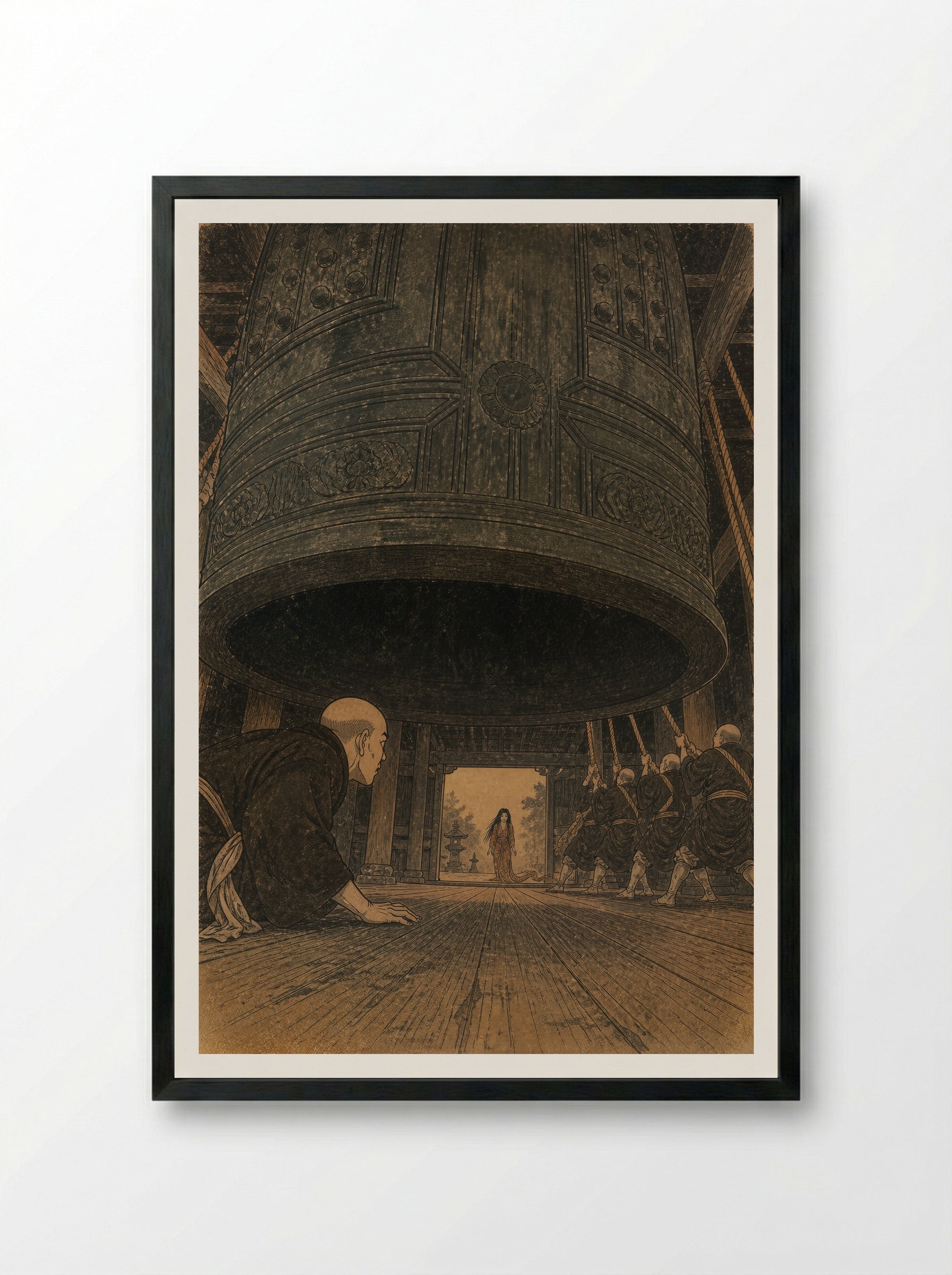 Kiyohime and the Bell of Dojoji: Anchin hides beneath the bell - Framed Print Black