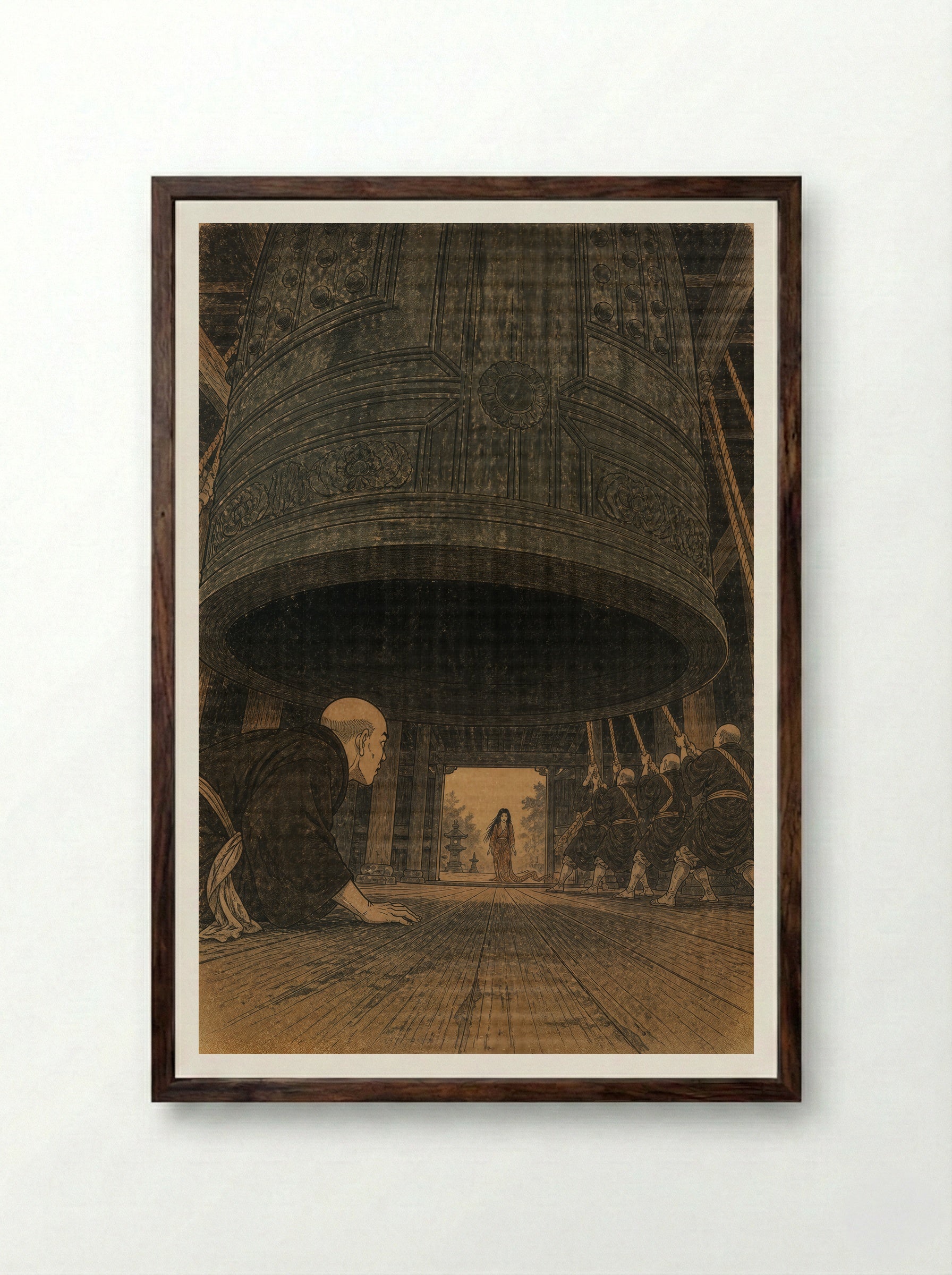 Kiyohime and the Bell of Dojoji: Anchin hides beneath the bell - Framed Print Dark Wood