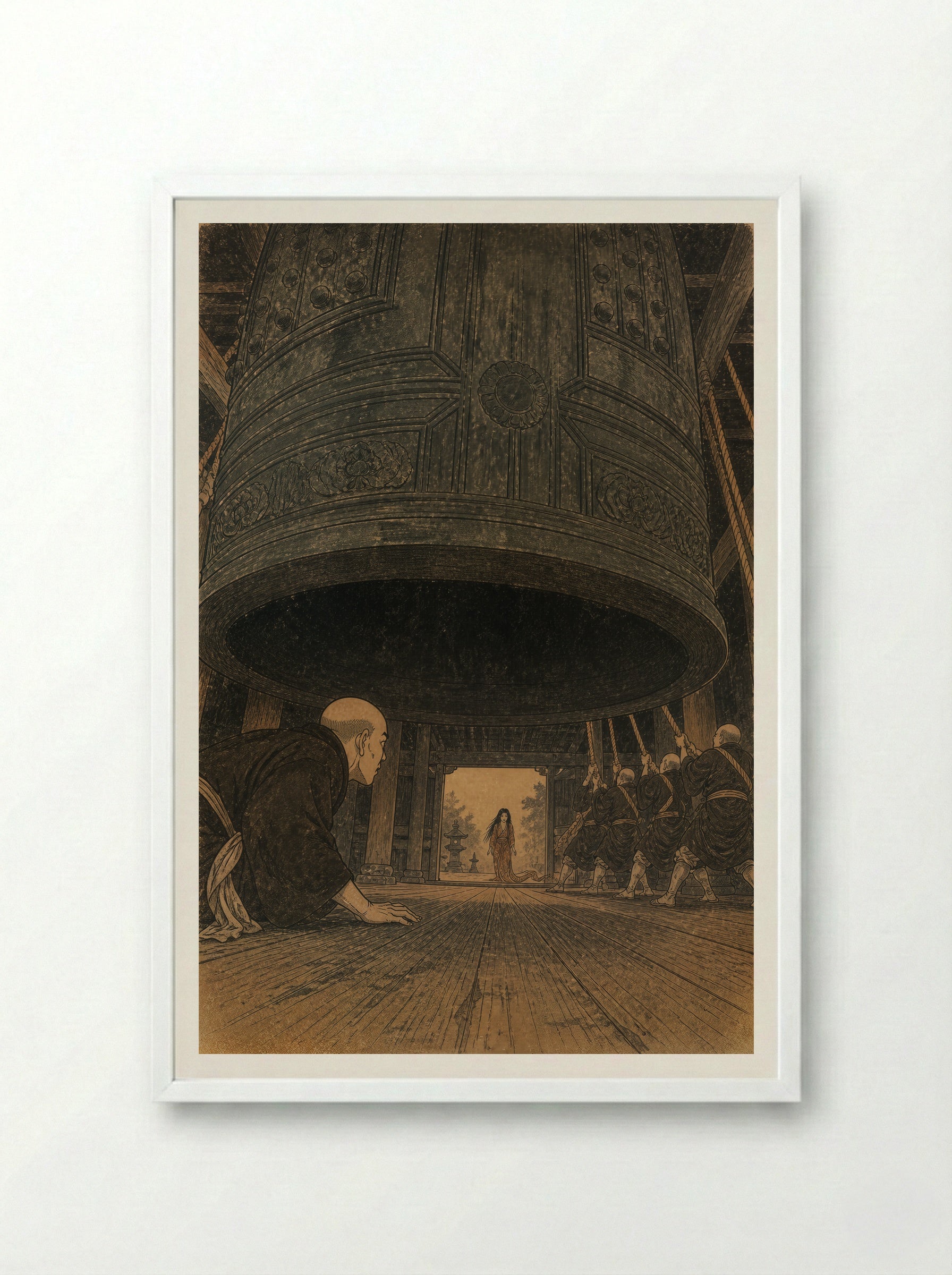 Kiyohime and the Bell of Dojoji: Anchin hides beneath the bell - Framed Print White
