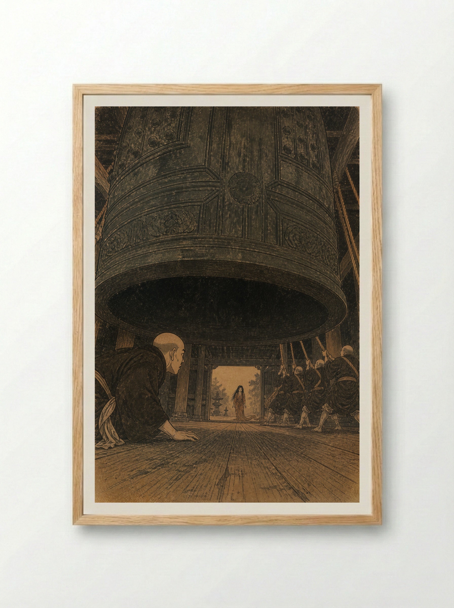Kiyohime and the Bell of Dojoji: Anchin hides beneath the bell - Framed Print Wood
