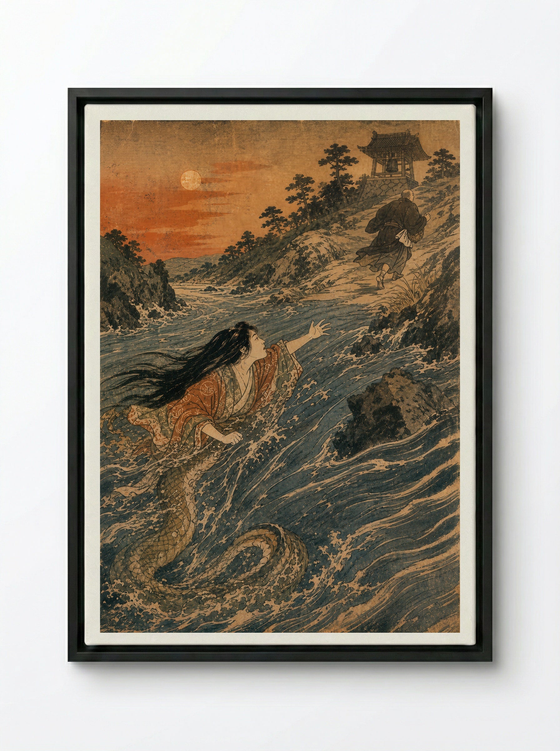 Kiyohime and the Bell of Dojoji: Kiyohime crosses the river - Framed Canvas Black