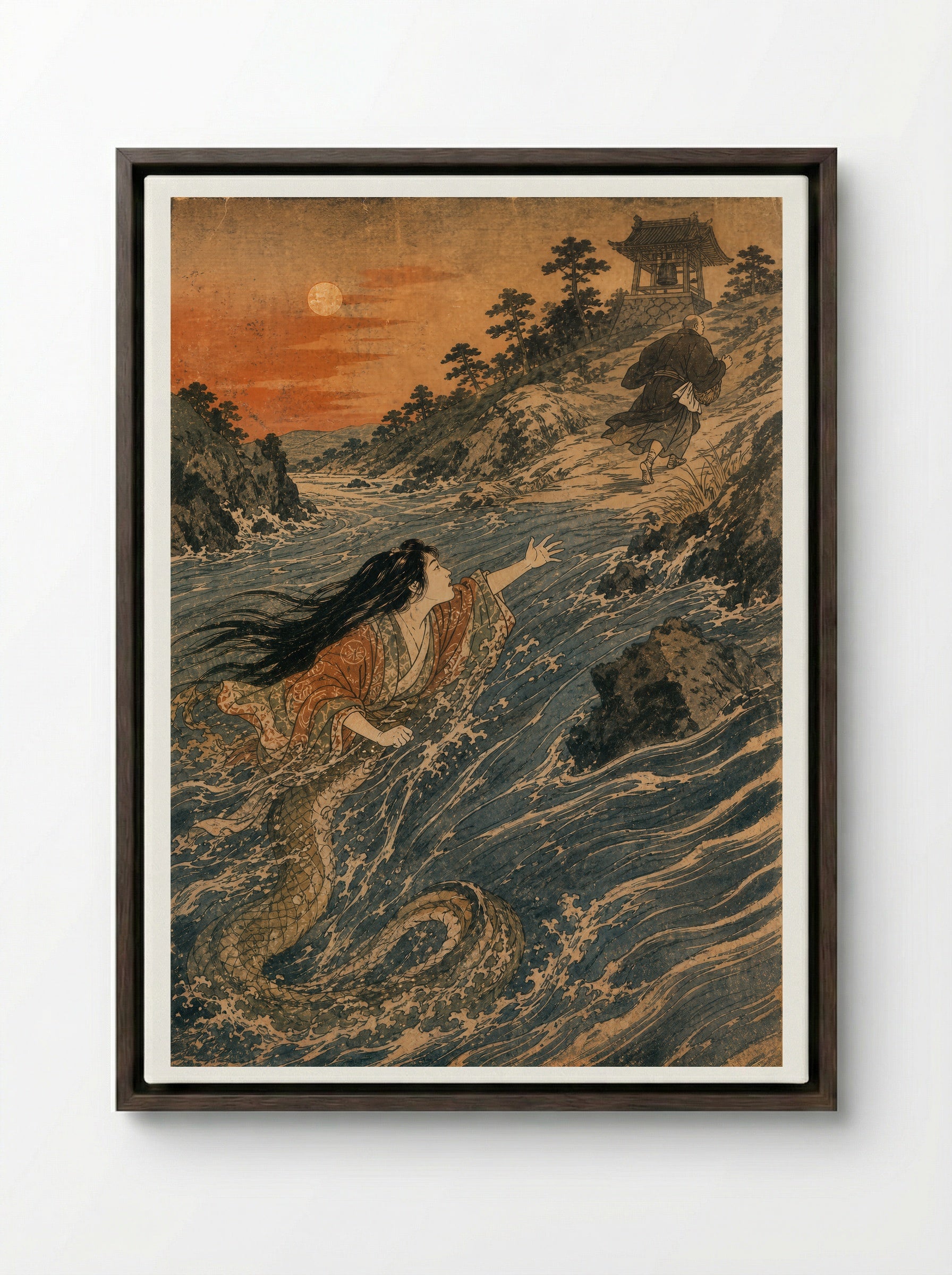 Kiyohime and the Bell of Dojoji: Kiyohime crosses the river - Framed Canvas Dark Wood