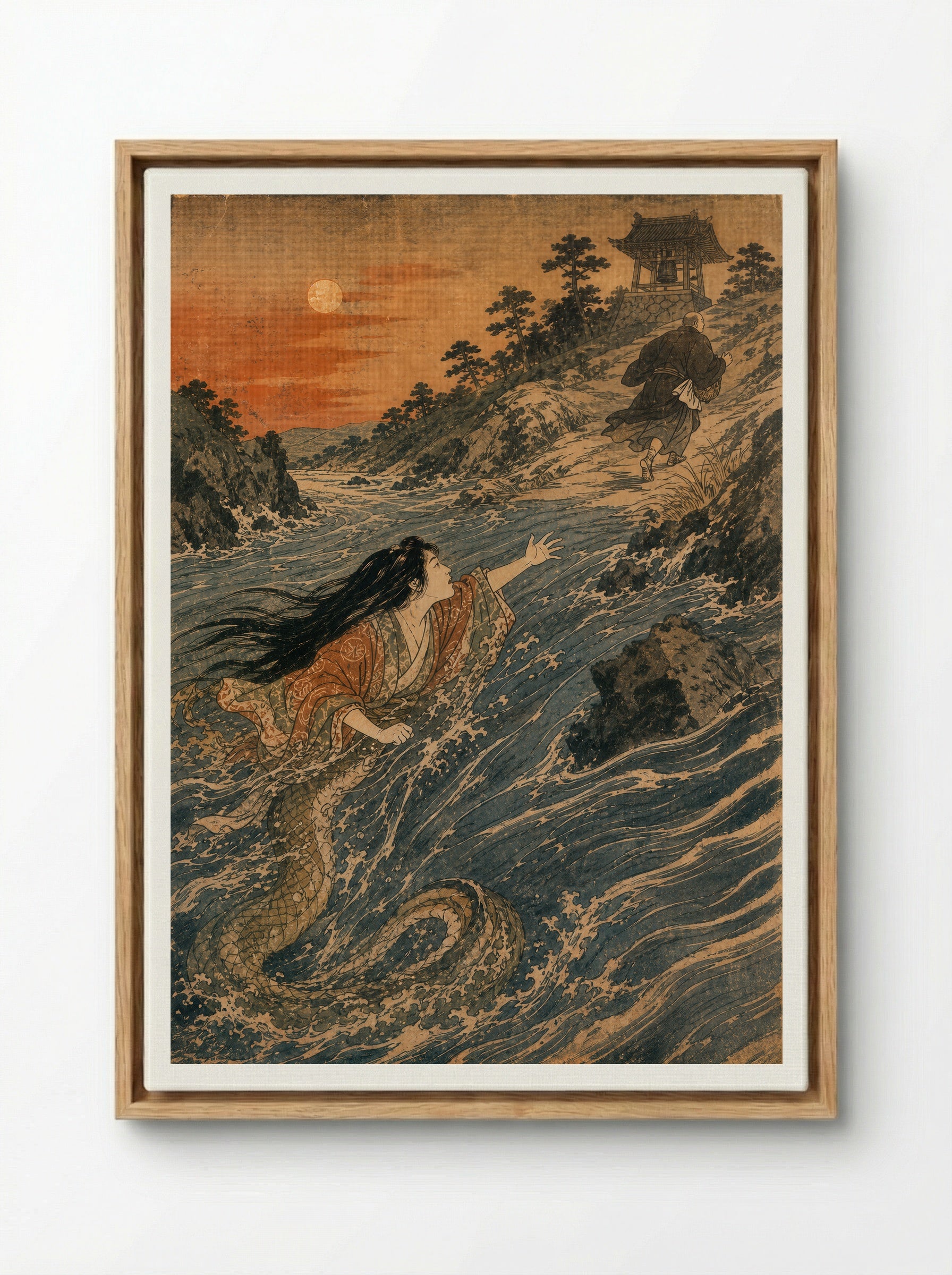 Kiyohime and the Bell of Dojoji: Kiyohime crosses the river - Framed Canvas Wood