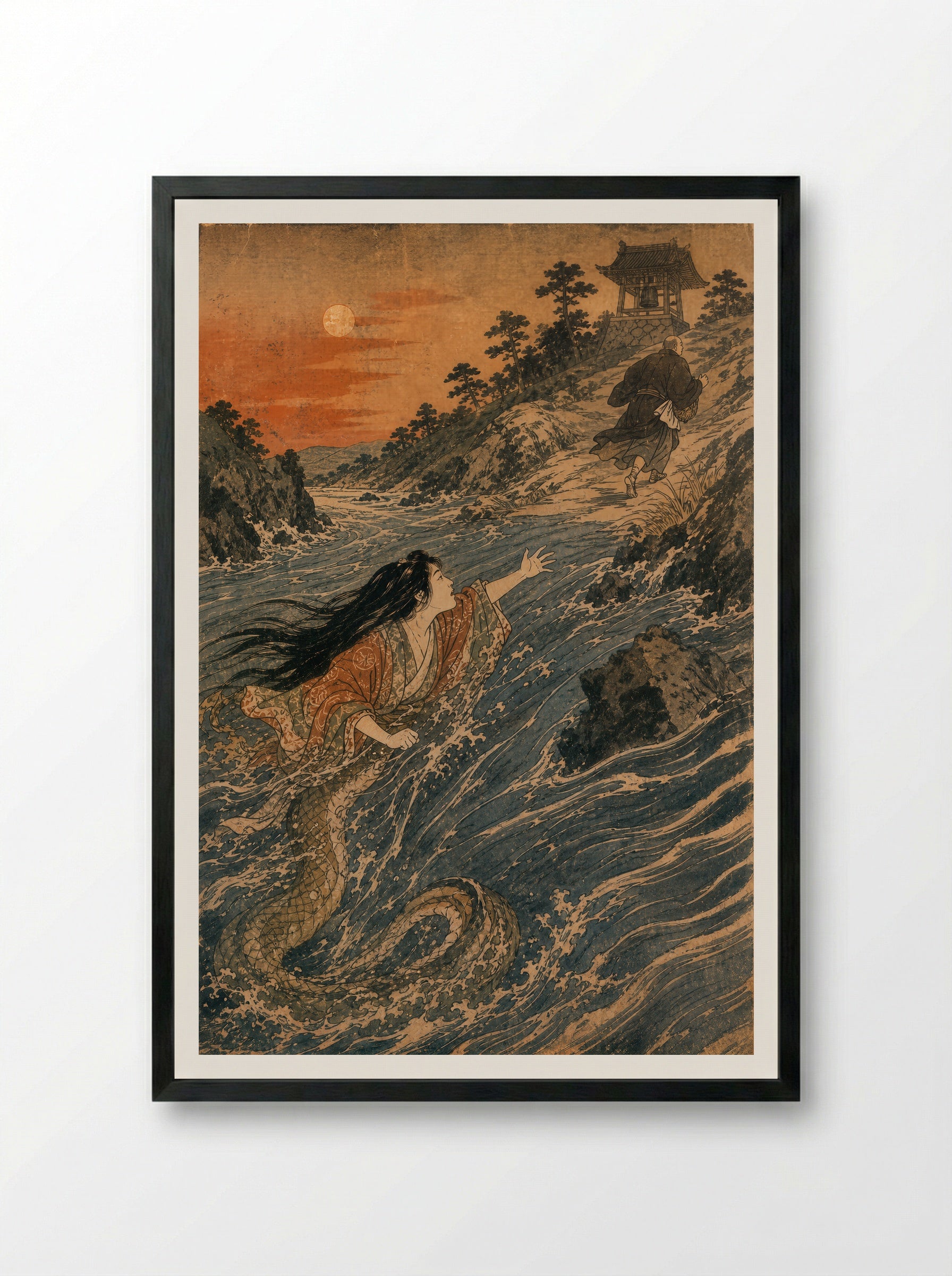 Kiyohime and the Bell of Dojoji: Kiyohime crosses the river - Framed Print Black