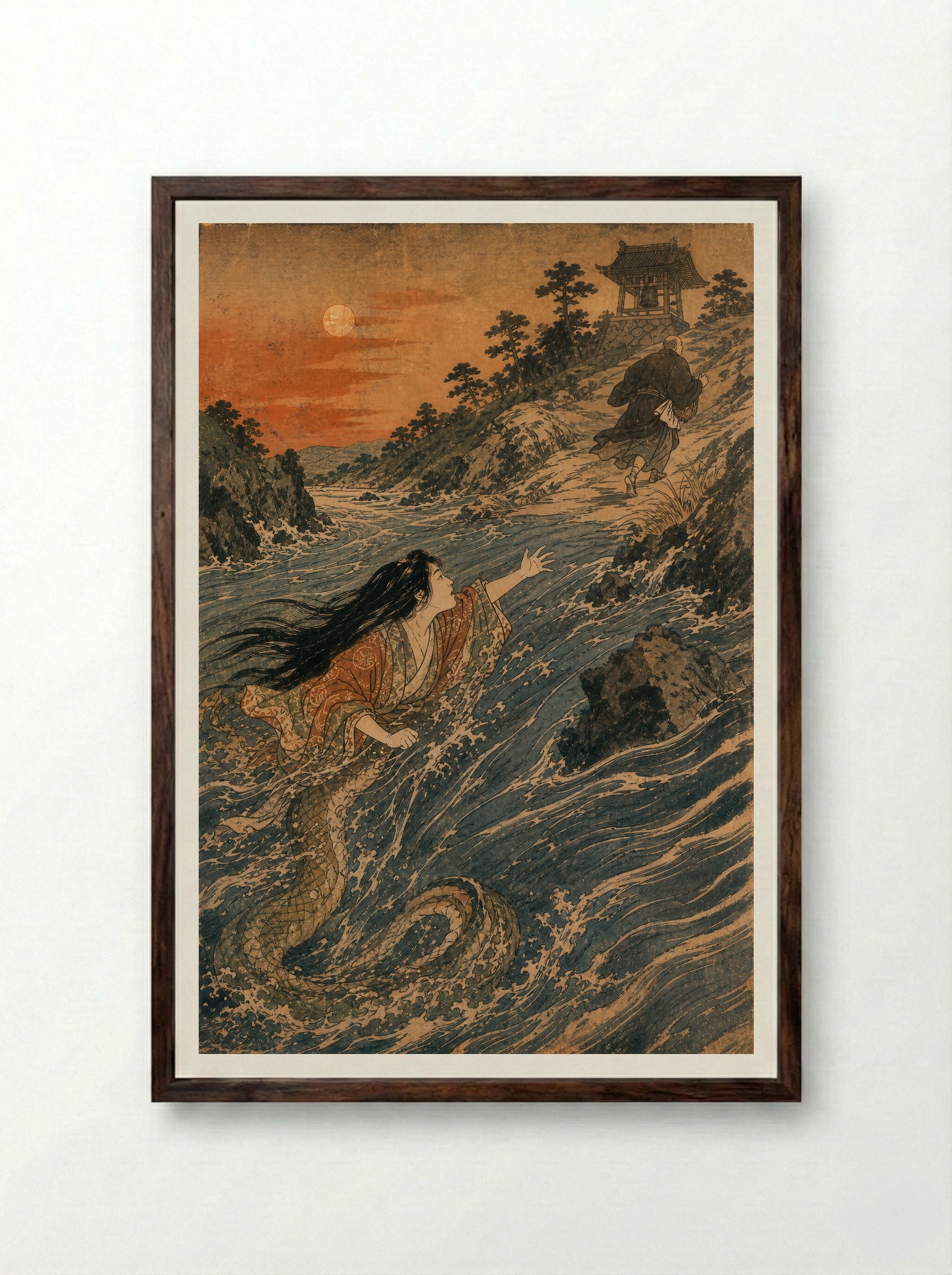 Kiyohime and the Bell of Dojoji: Kiyohime crosses the river - Framed Print Dark Wood