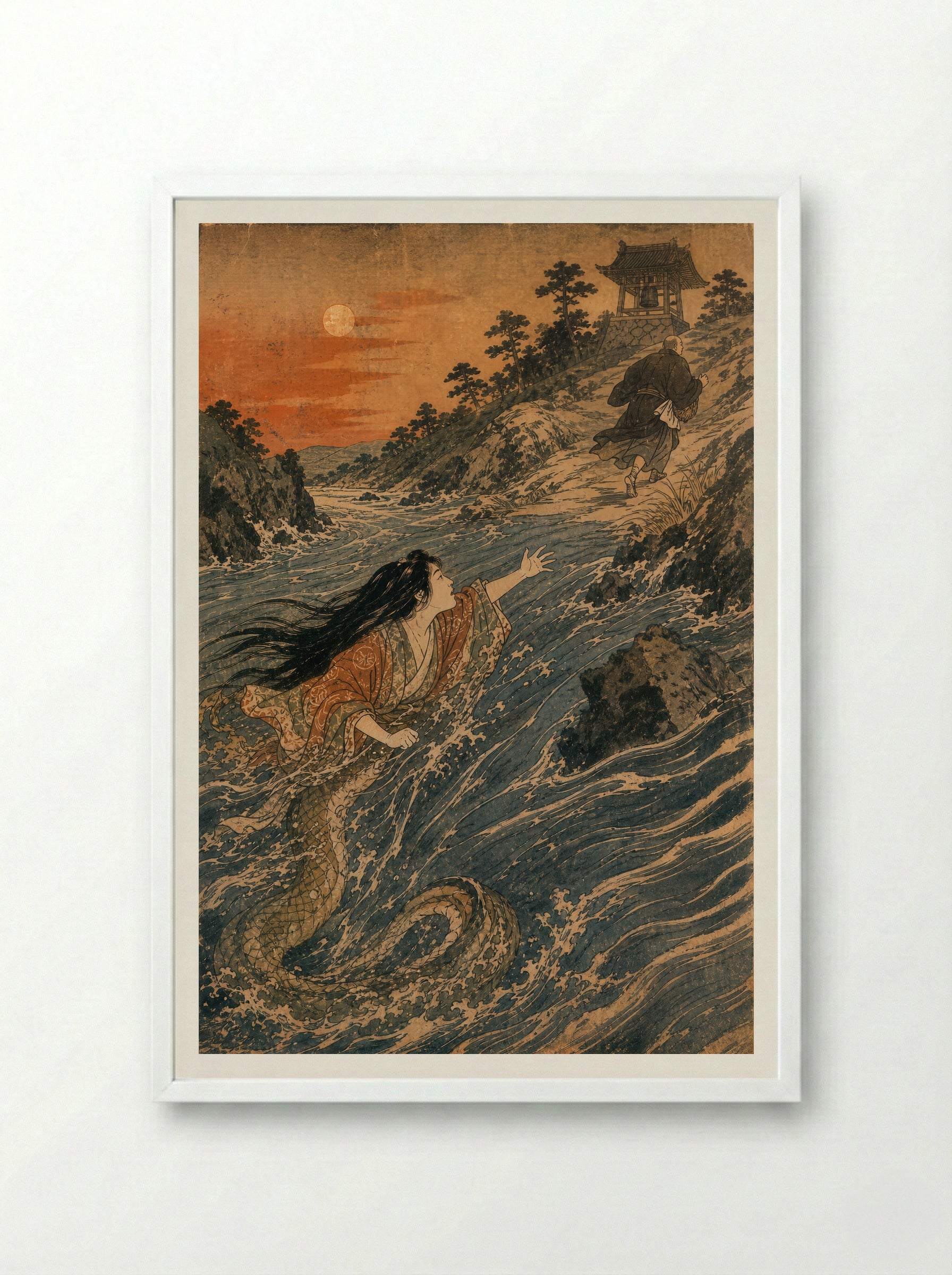 Kiyohime and the Bell of Dojoji: Kiyohime crosses the river - Framed Print White