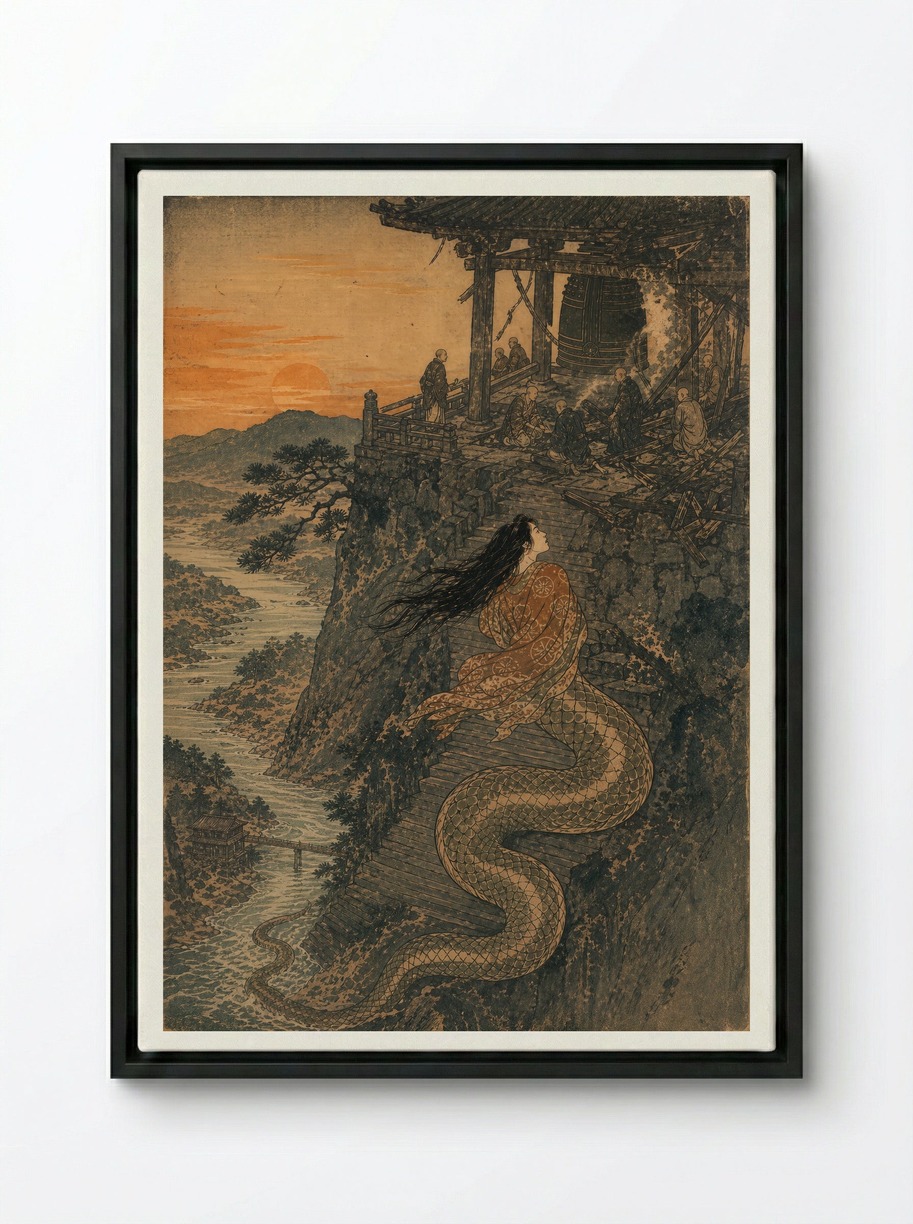 Kiyohime and the Bell of Dojoji: The bell stands after the fire - Framed Canvas Black