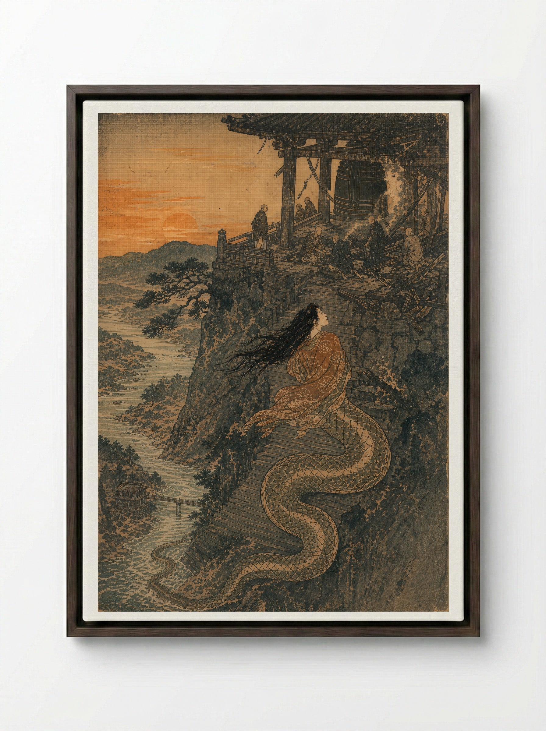 Kiyohime and the Bell of Dojoji: The bell stands after the fire - Framed Canvas Dark Wood