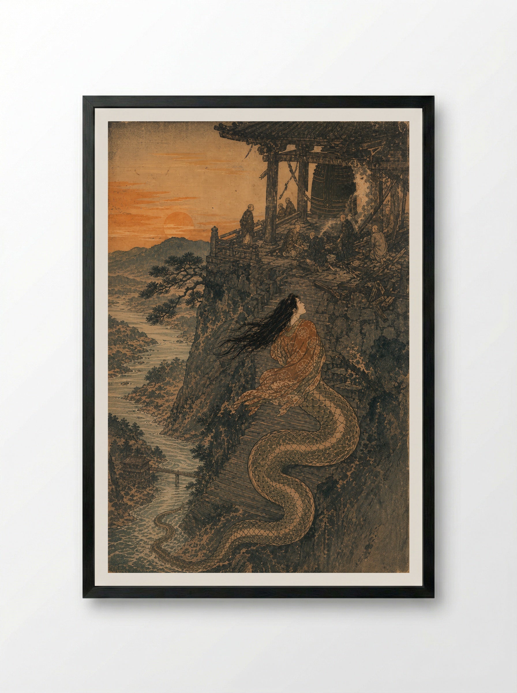 Kiyohime and the Bell of Dojoji: The bell stands after the fire - Framed Print Black