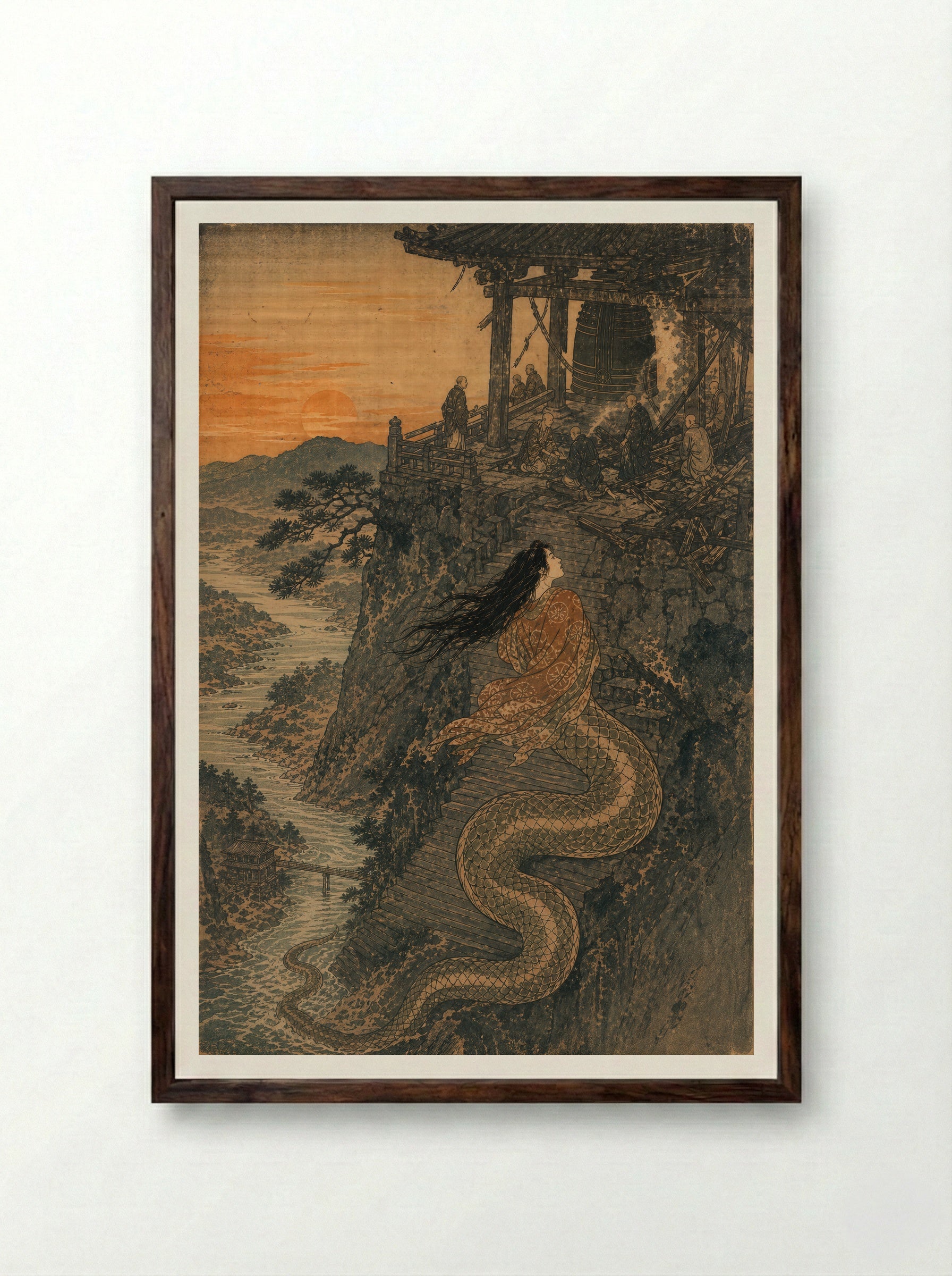 Kiyohime and the Bell of Dojoji: The bell stands after the fire - Framed Print Dark Wood