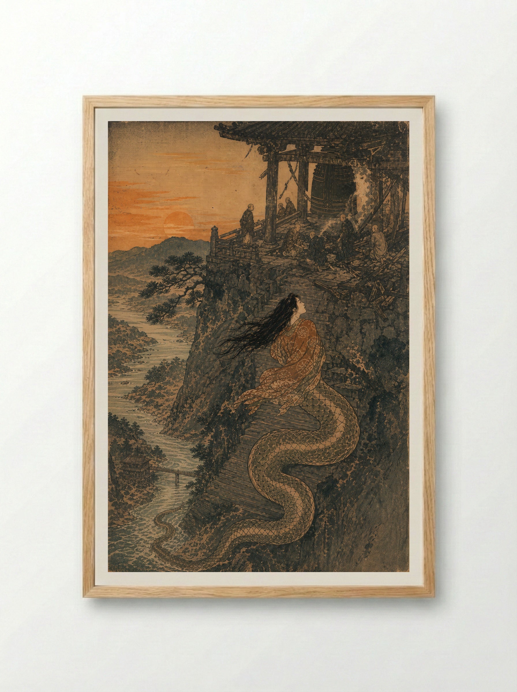 Kiyohime and the Bell of Dojoji: The bell stands after the fire - Framed Print Wood
