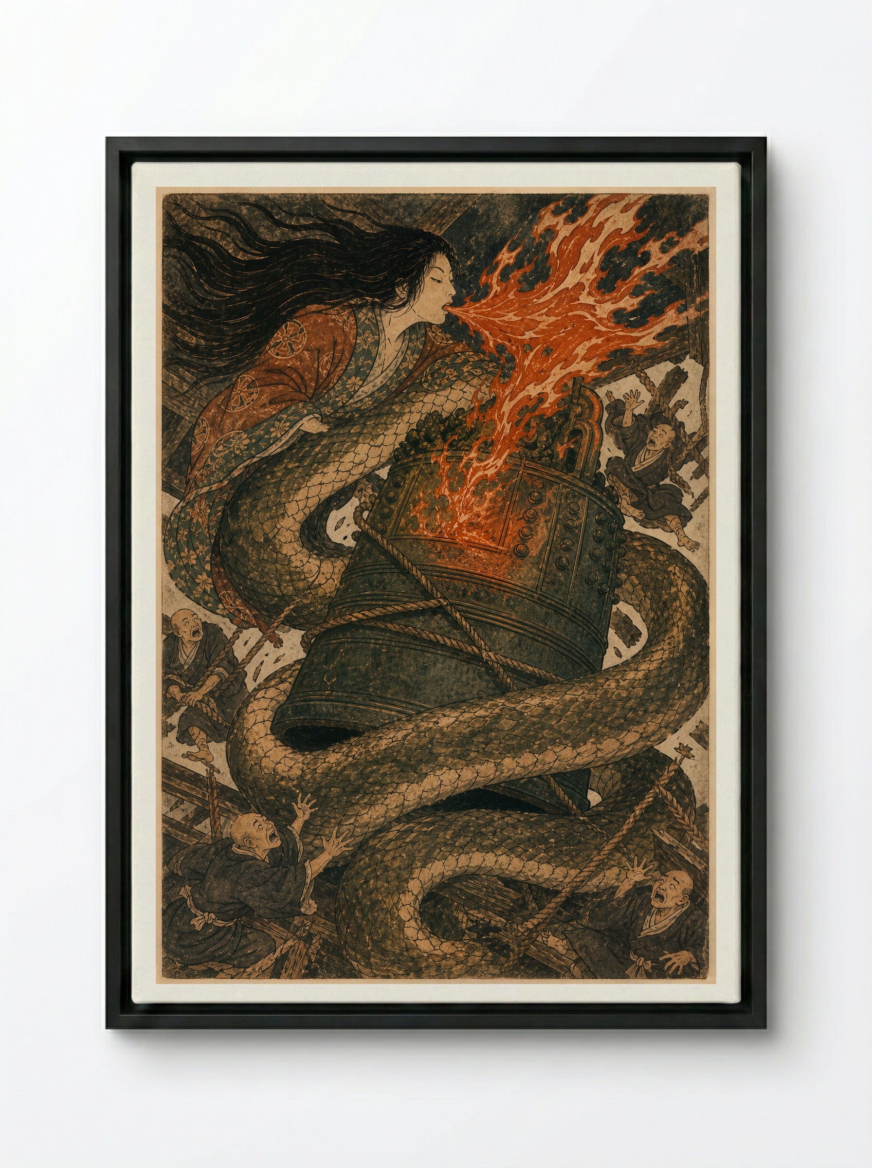 Kiyohime and the Bell of Dojoji: The human form gives way - Framed Canvas Black