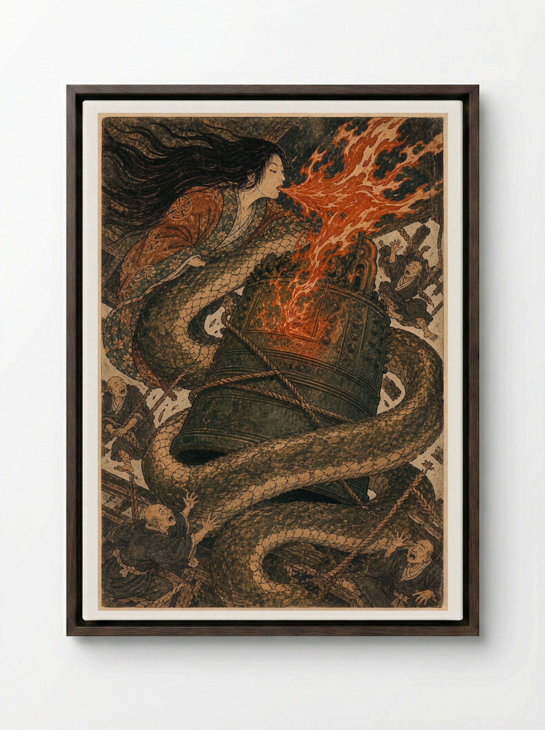Kiyohime and the Bell of Dojoji: The human form gives way - Framed Canvas Dark Wood