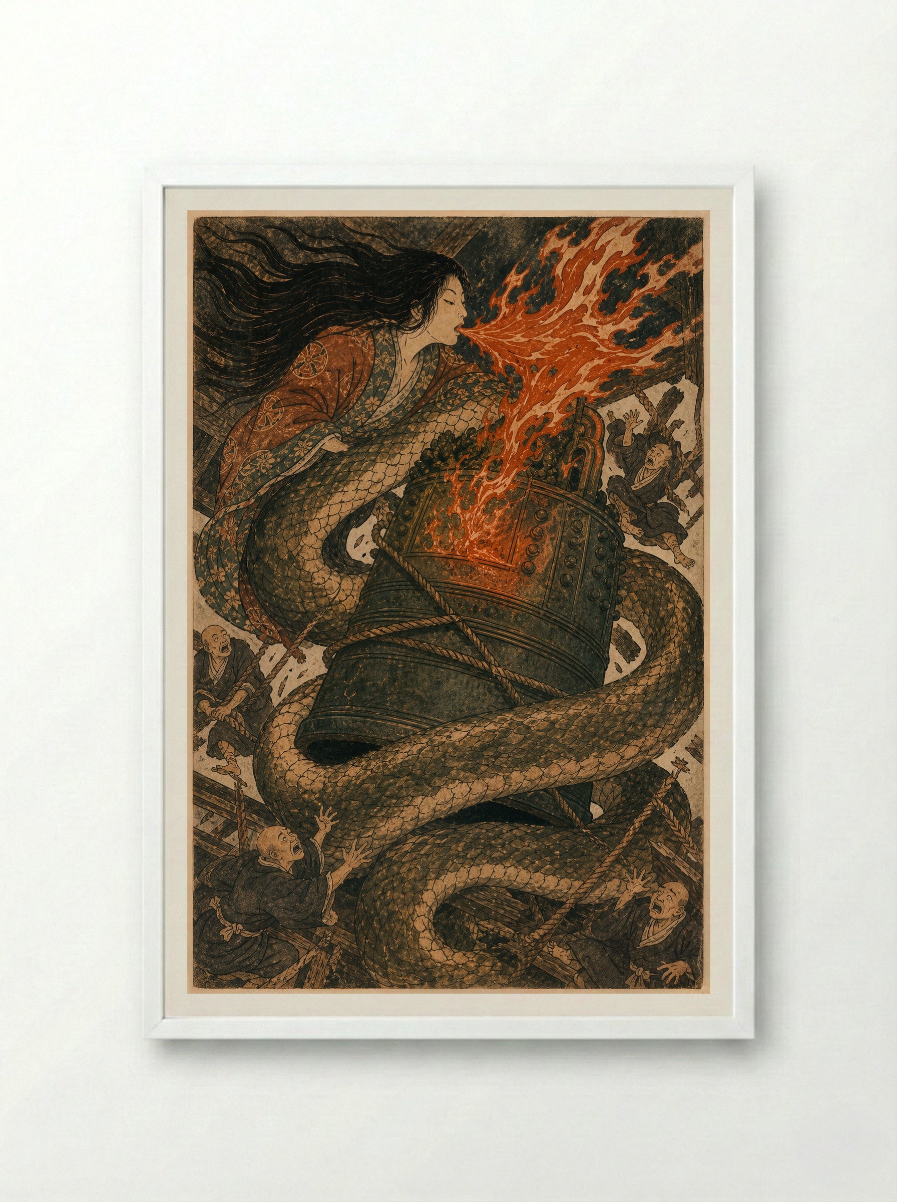 Kiyohime and the Bell of Dojoji: The human form gives way - Framed Print White