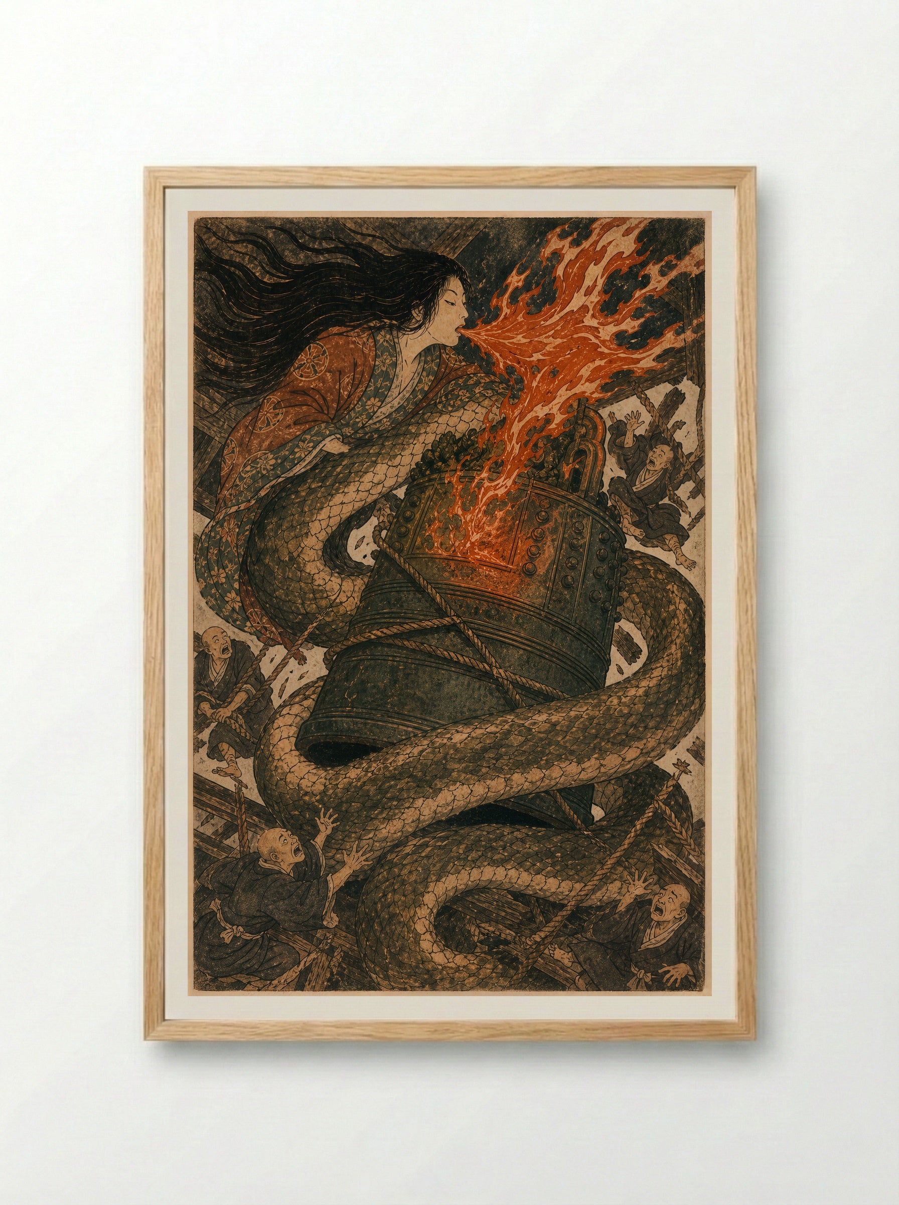 Kiyohime and the Bell of Dojoji: The human form gives way - Framed Print Wood
