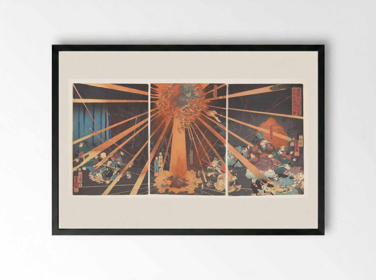 Kiyomori’s Visit to Nunobiki Waterfall: The Ghost of Yoshihira Taking Revenge on Nanba - Utagawa Yoshifusa - Framed Print Black