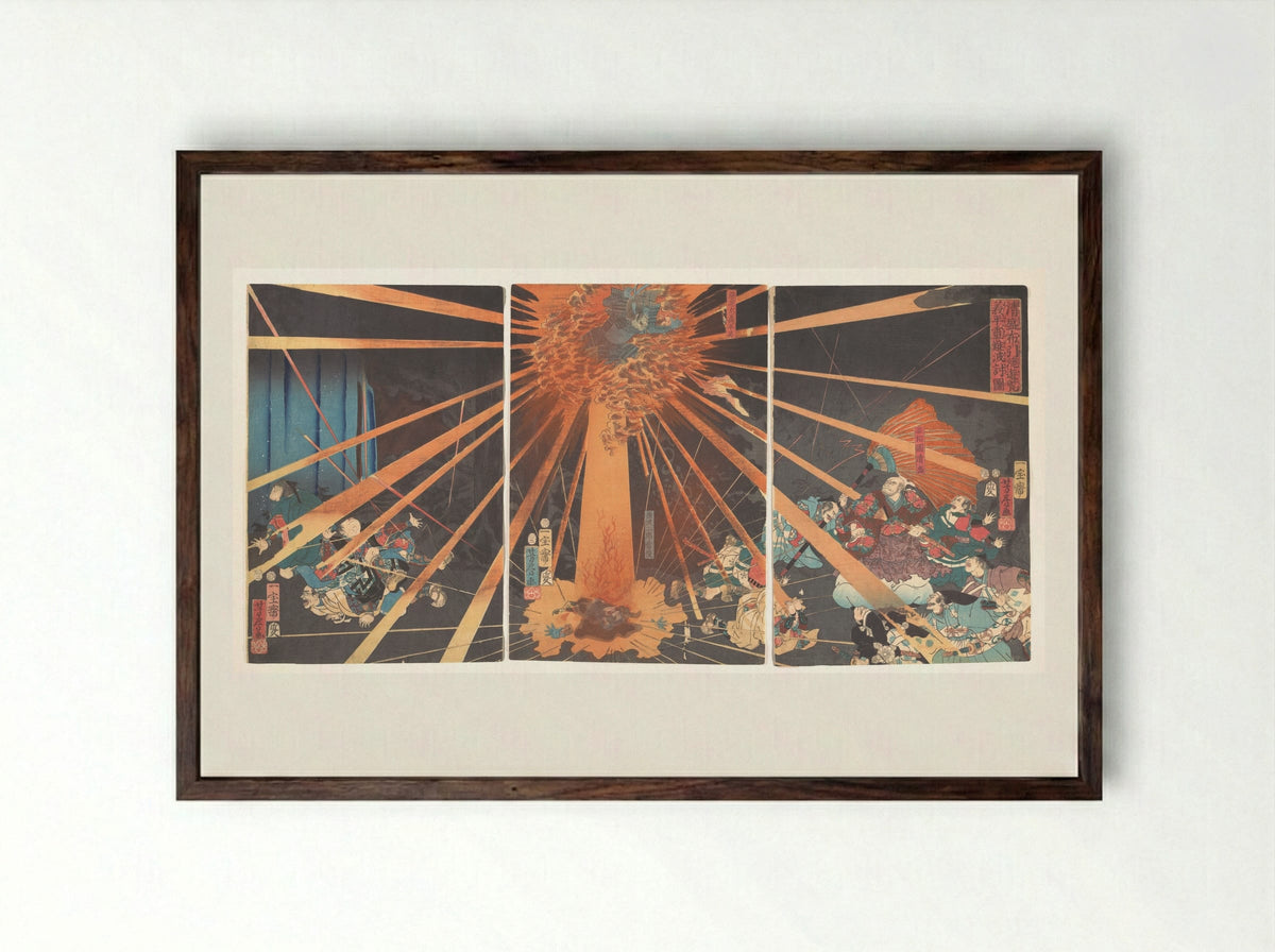 Kiyomori’s Visit to Nunobiki Waterfall: The Ghost of Yoshihira Taking Revenge on Nanba - Utagawa Yoshifusa - Framed Print Dark Wood
