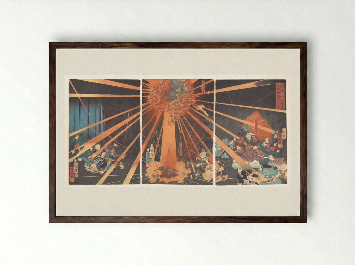 Kiyomori’s Visit to Nunobiki Waterfall: The Ghost of Yoshihira Taking Revenge on Nanba - Utagawa Yoshifusa - Framed Print Dark Wood