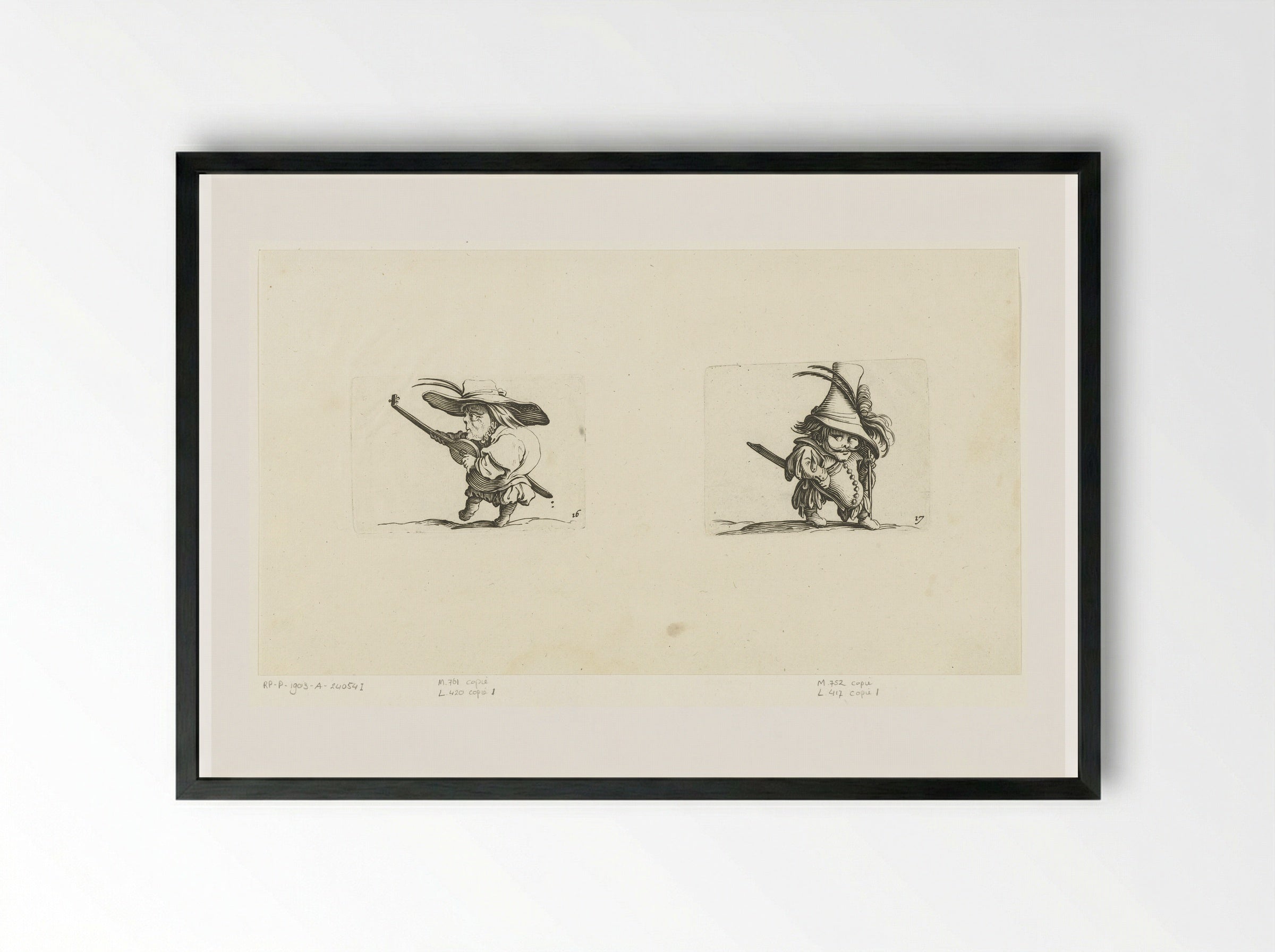 Kleine mens (karikatuur) met luit en zwaard; kleine mens (karikatuur) met zwaard en wandelstok - Abraham Bosse - Framed Print Black