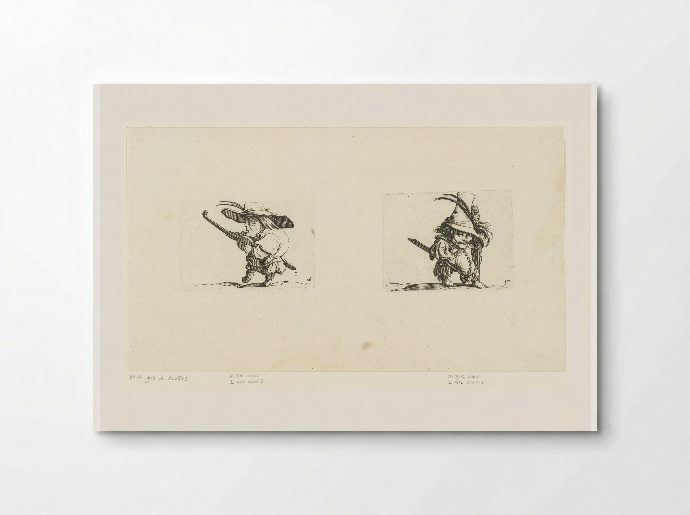 Kleine mens (karikatuur) met luit en zwaard; kleine mens (karikatuur) met zwaard en wandelstok - Abraham Bosse - Poster