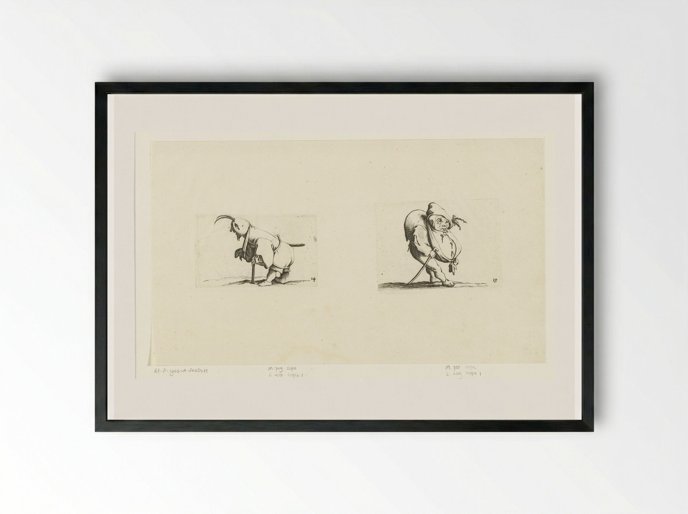 Kleine mens (karikatuur) met mitella, kruk en zwaard; kleine mens (karikatuur) met wandelstok - Abraham Bosse - Framed Print Black