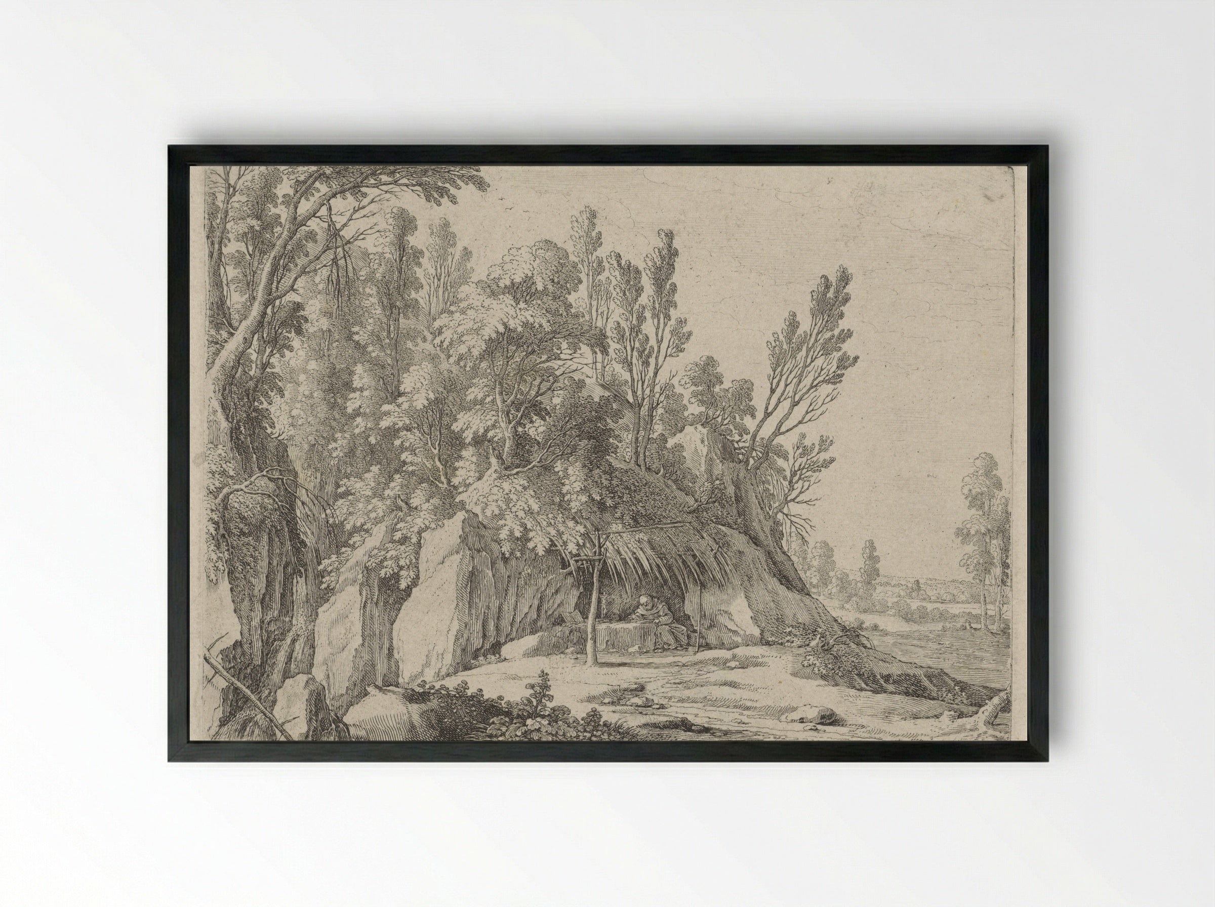 Kluizenaar voor een grot (Hermit before a Cave) - Gillis van Scheyndel (I) - Framed Print Black