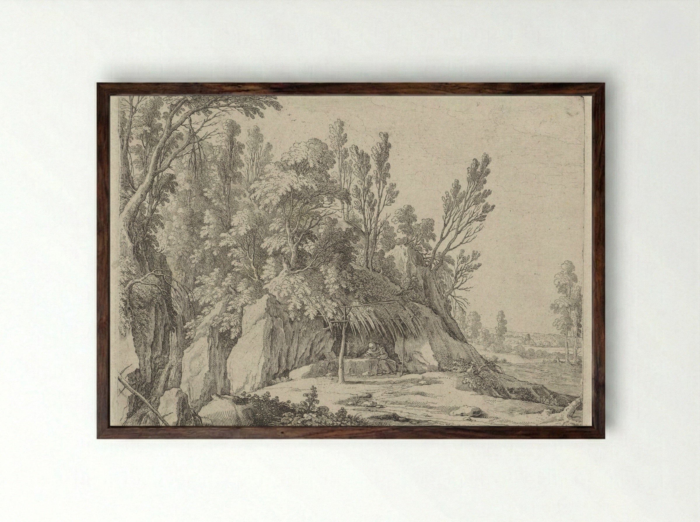 Kluizenaar voor een grot (Hermit before a Cave) - Gillis van Scheyndel (I) - Framed Print Dark Wood